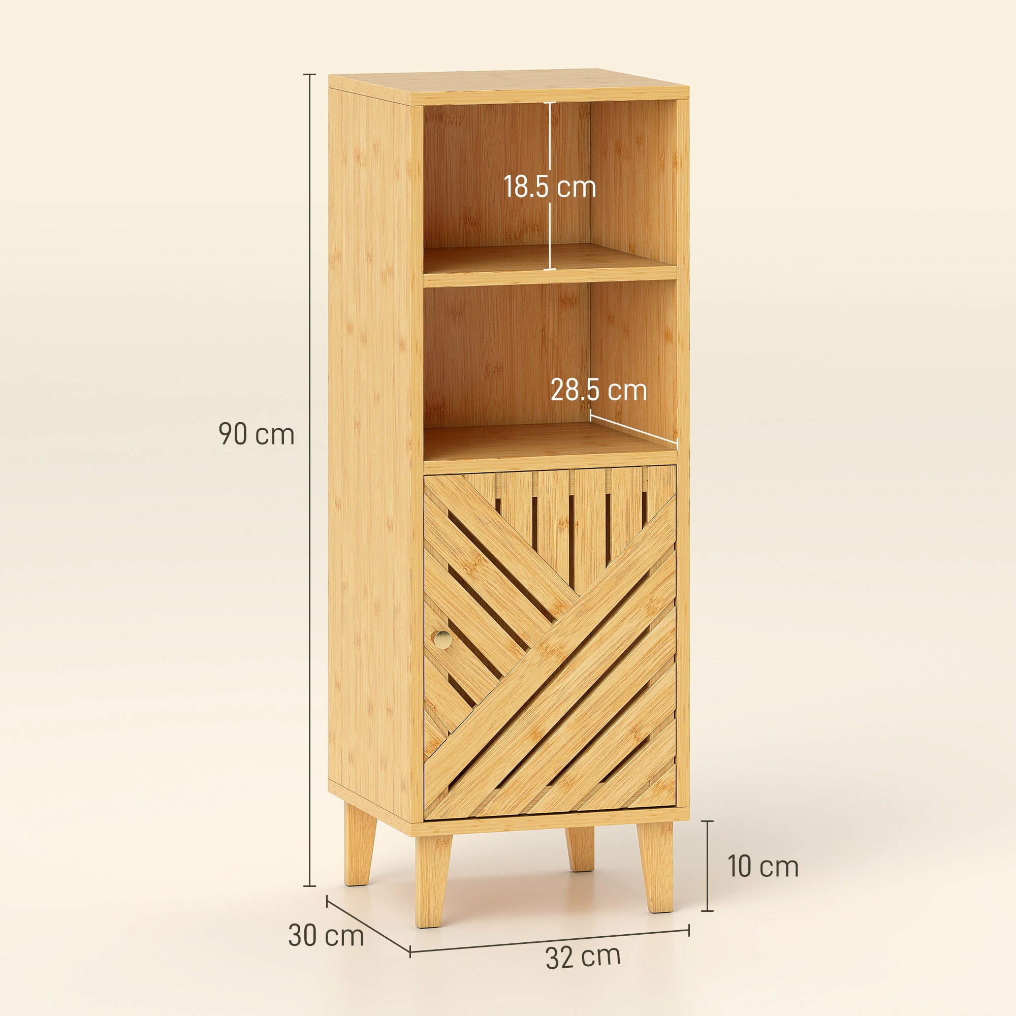 Kozy - Slim Bathroom Cabinet with Bamboo Door and Legs, Narrow Bathroom Storage Cabinet, Freestanding Storage Cupboard with Open Compartments, 32 x 30 x 90 cm, Natural Wood Finish