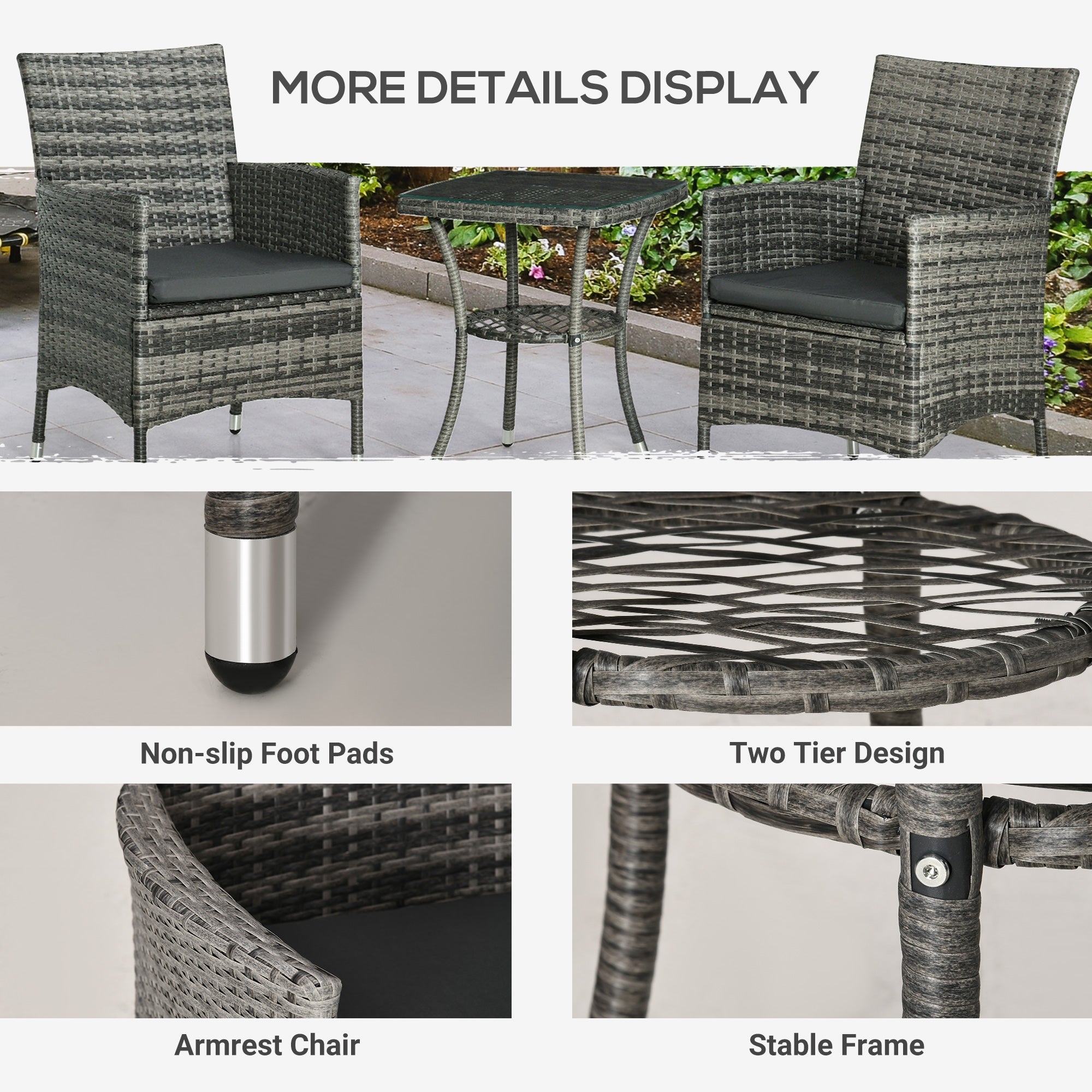 Kozy 3 Pieces Rattan Bistro Set, Wicker Garden Furniture Set with 2-Tier Coffee Table and Chairs, Washable Cushions, for Outdoor Patio Balcony, Mixed Grey