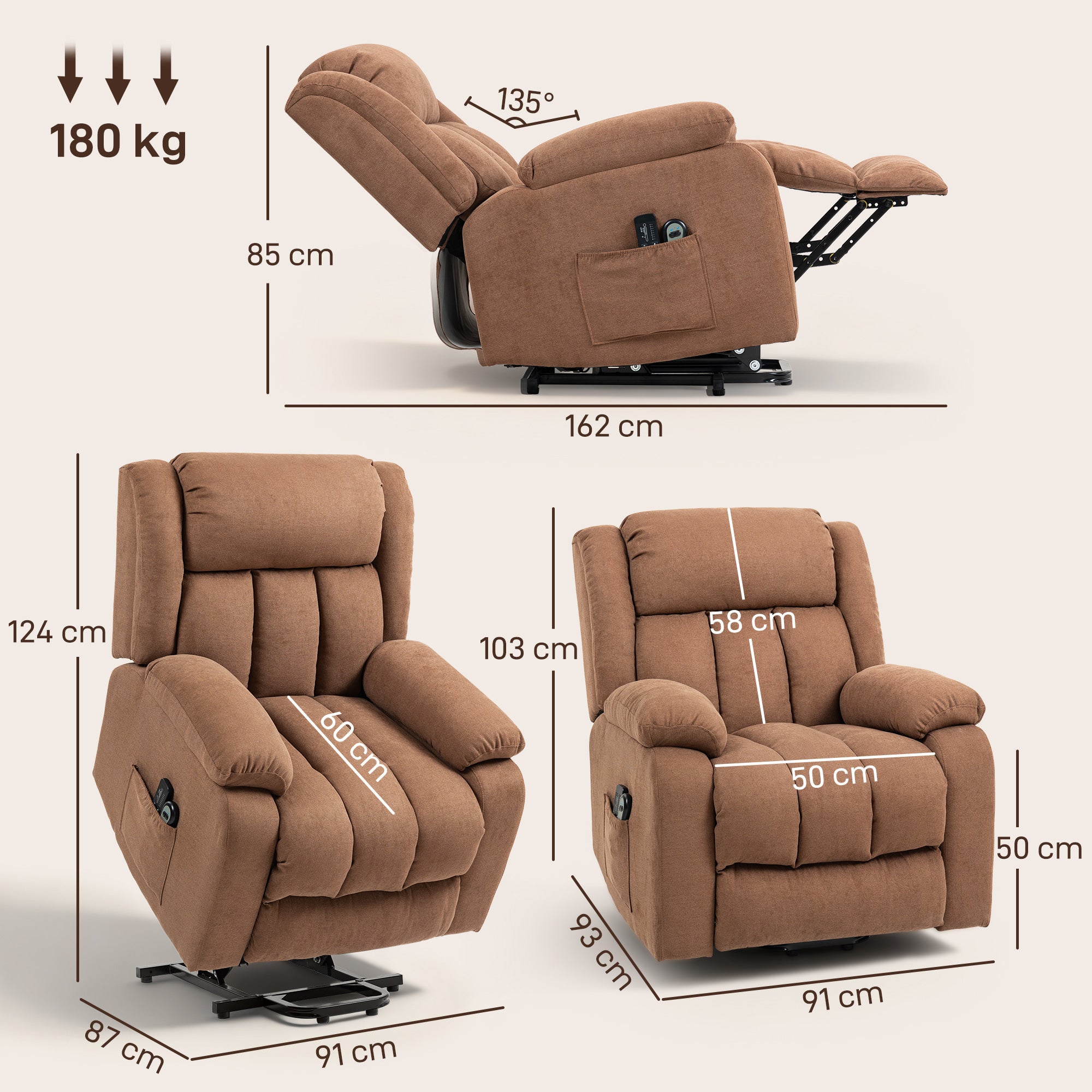 Kozy Power Lift Recliner Chair with Massage, Overstuffed Lift Chair for Elderly with Footrest, Remote and Side Pocket, Brown