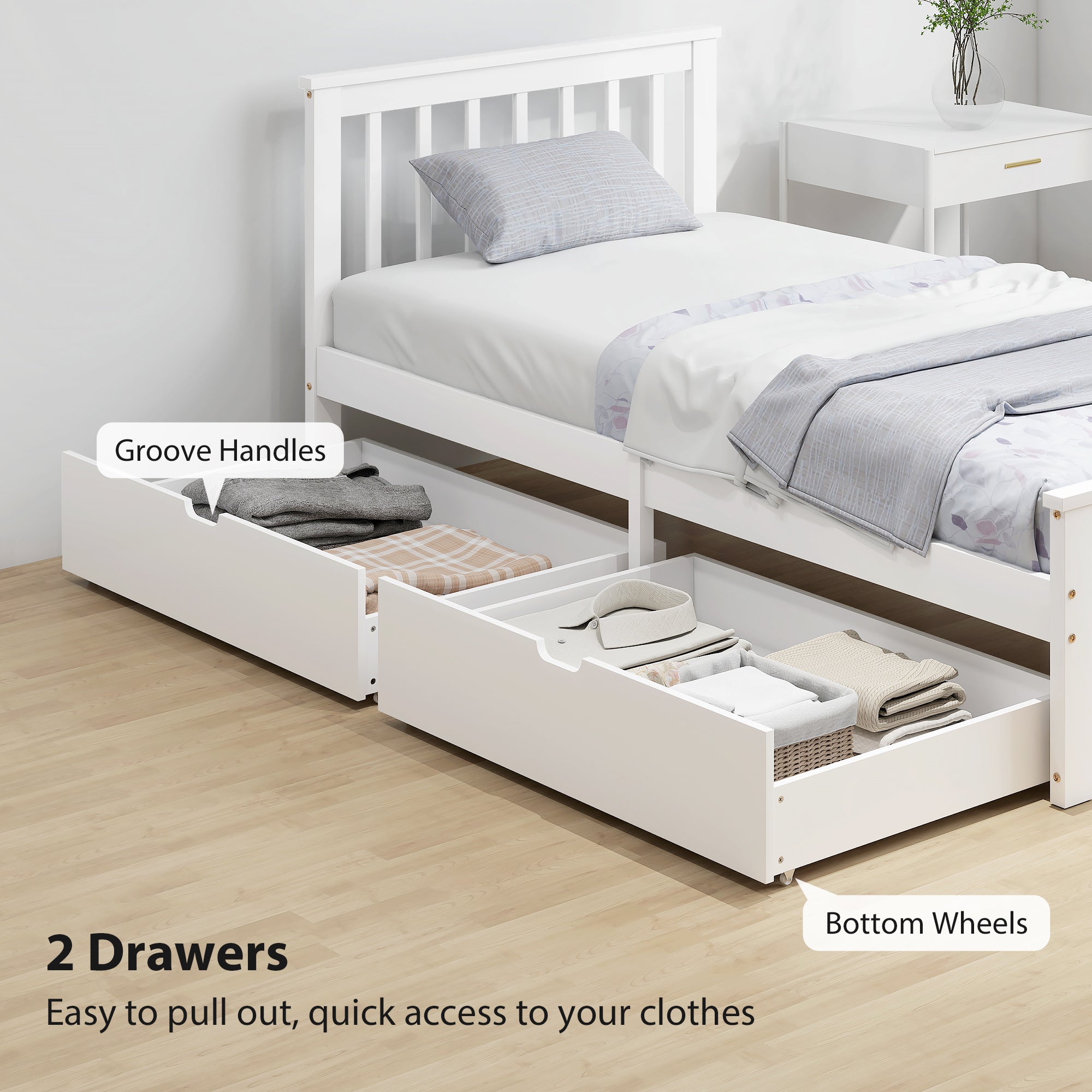Kozy Wooden Single Bed Frame, with Drawers - White