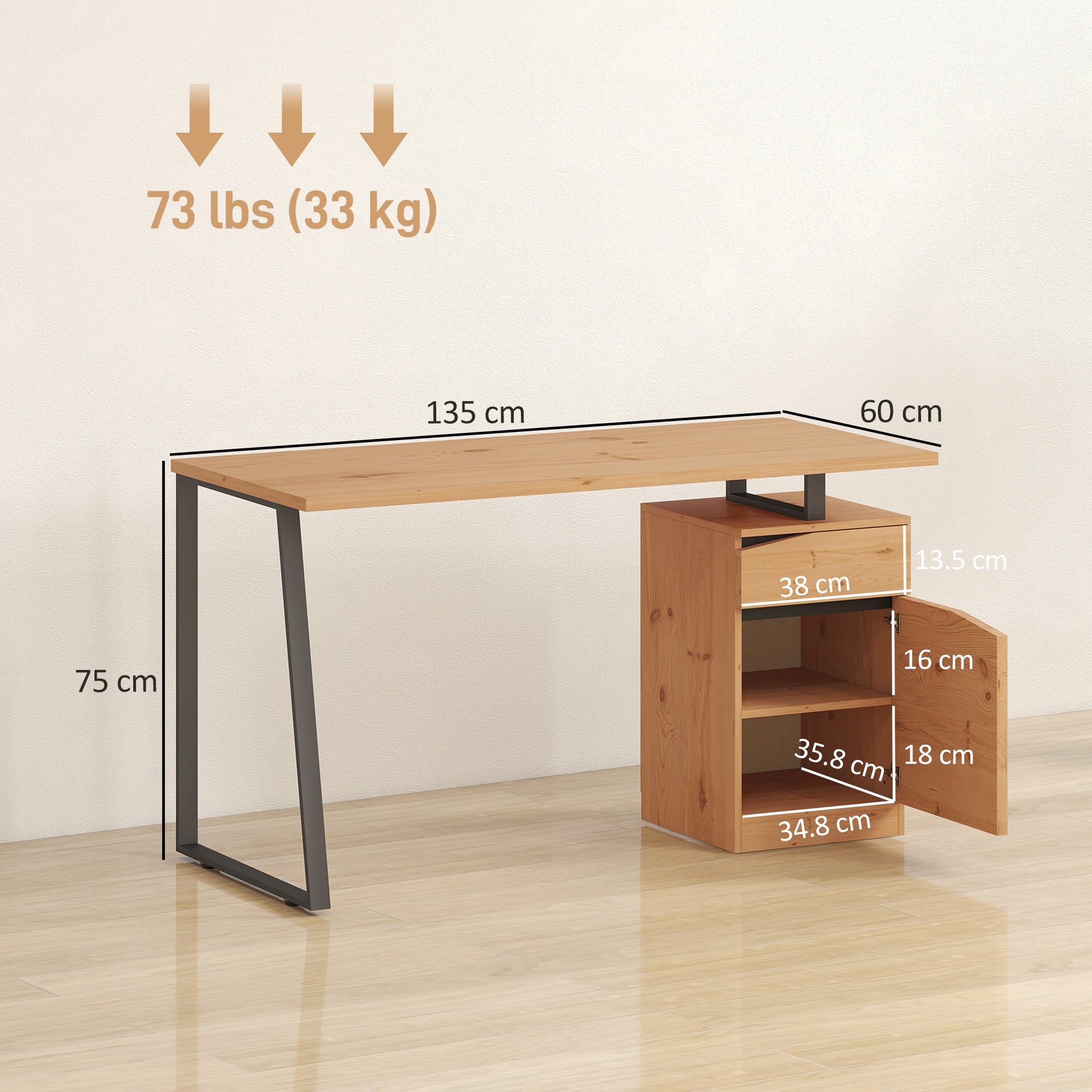 Kozy Computer Desk, Writing Desk with Cabinet, Drawer, Metal Legs, Work Table for Home Office Study, Natural Wood Finish