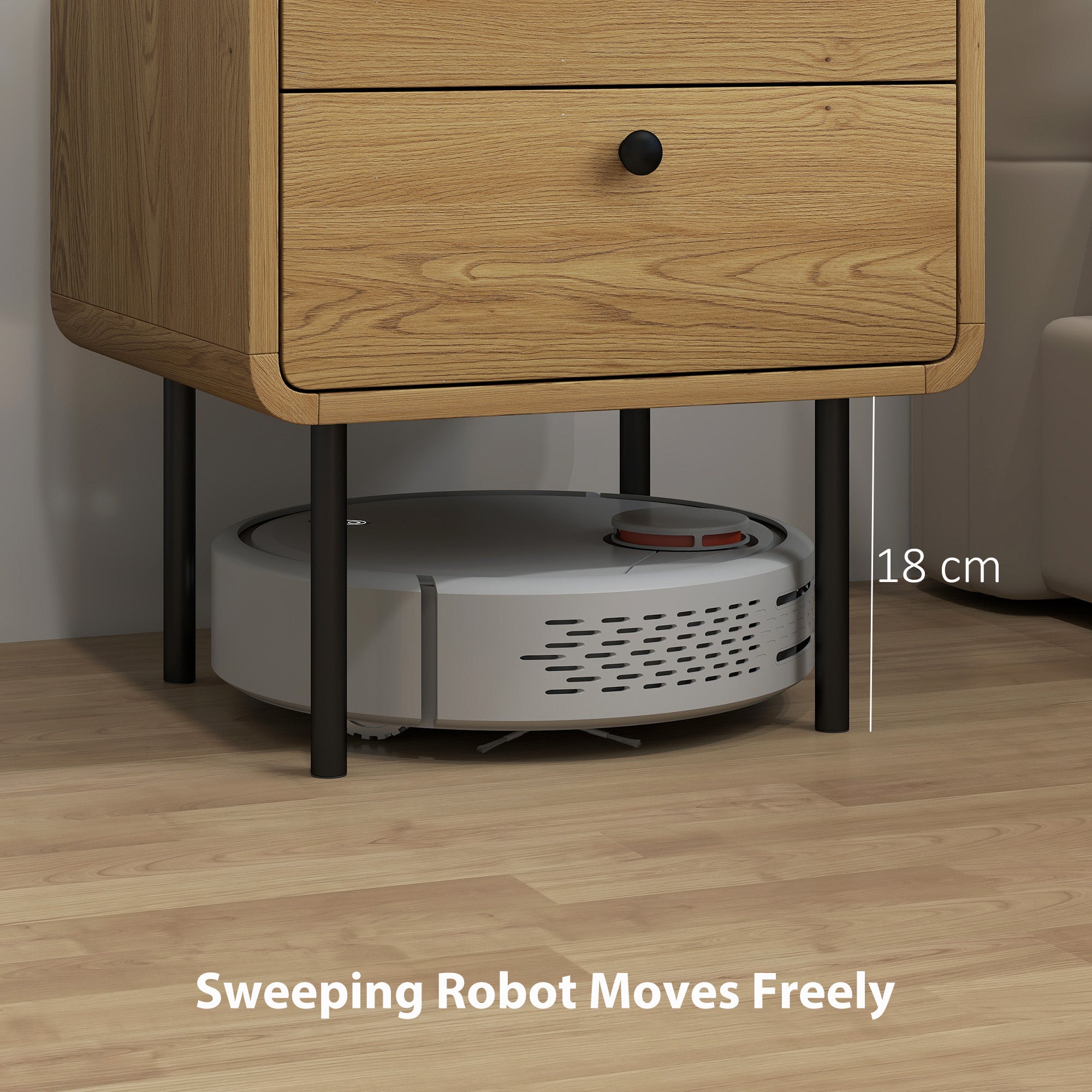 Kozy Bedside Table with 2 Drawers and Steel Legs - Oak