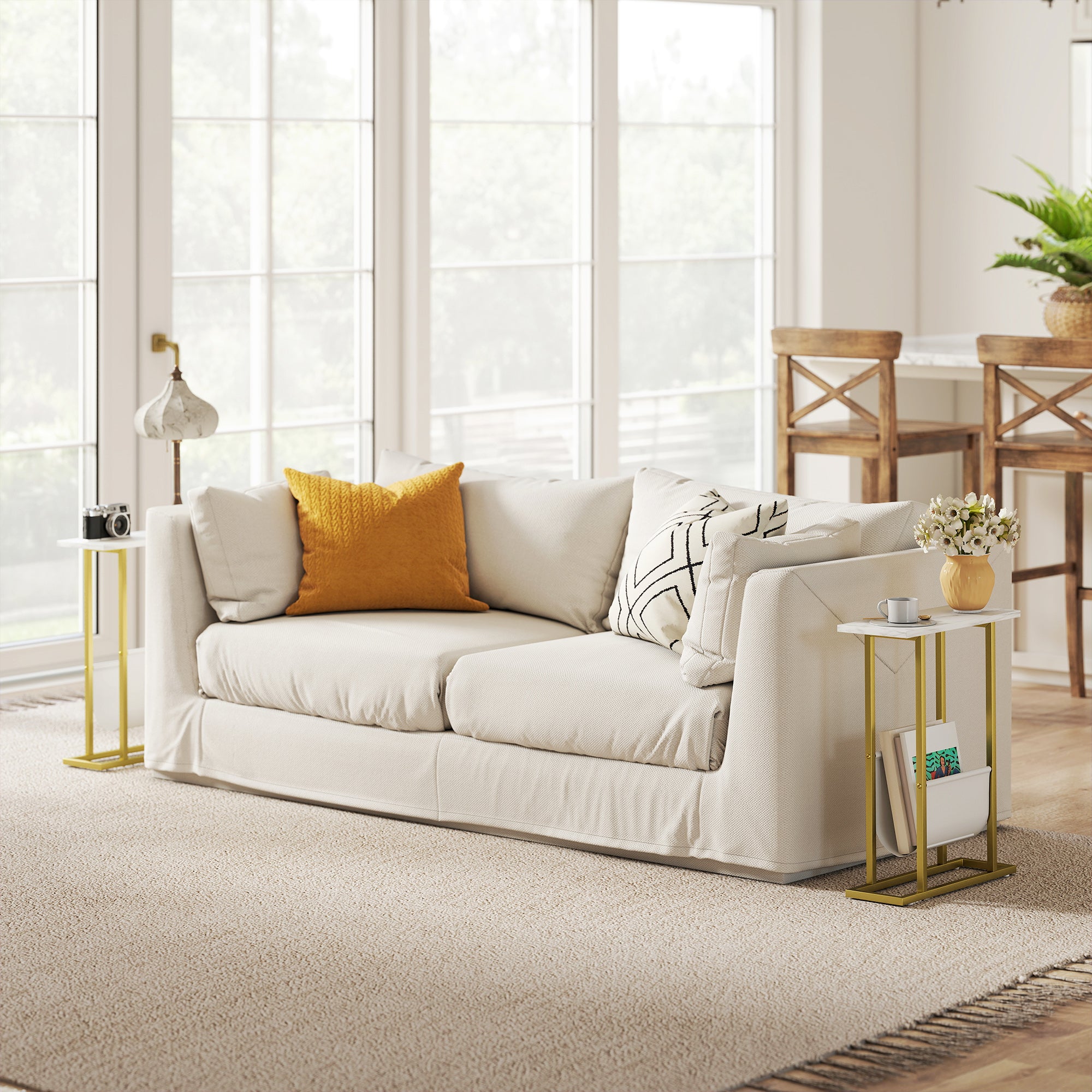 Kozy Narrow Side Table, End Table with Magazine Holder, Nightstand for Small Spaces, Living Room, Bedroom, White Marble Grain