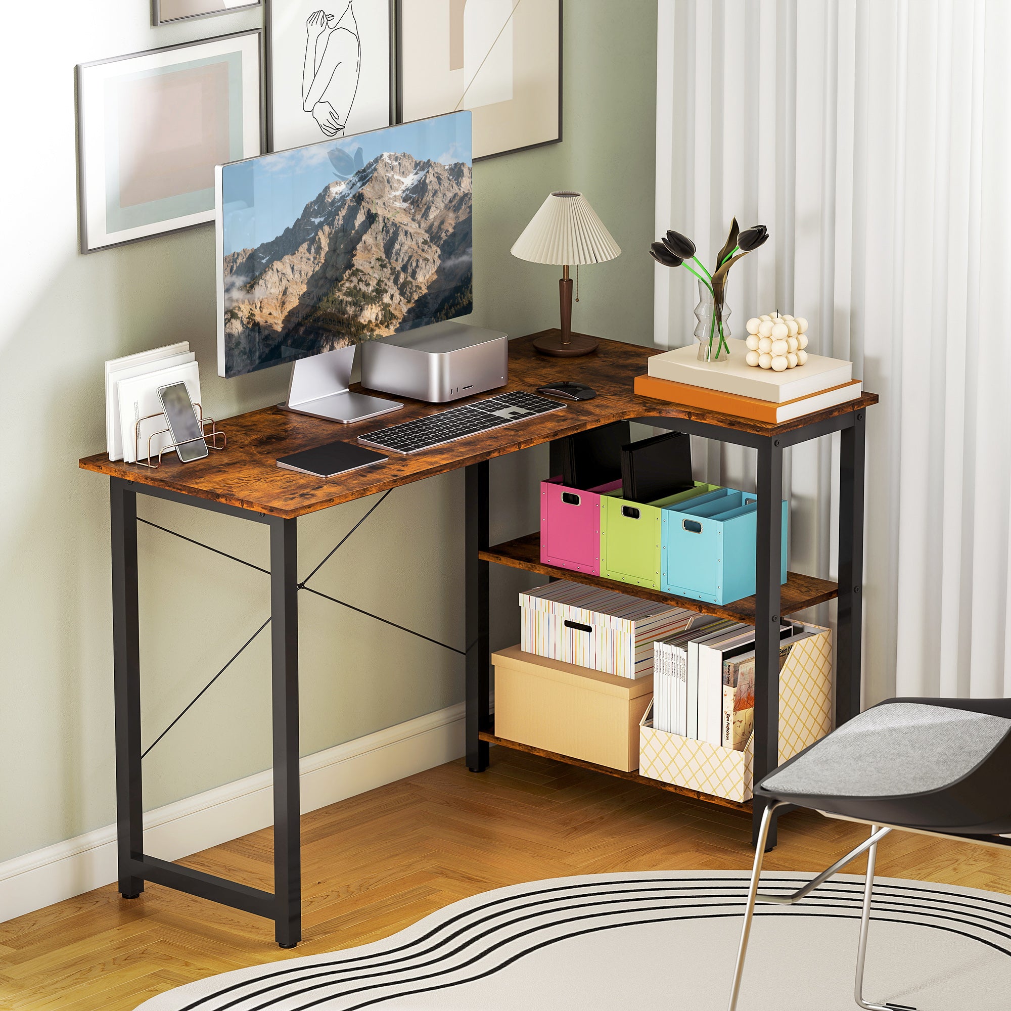 Kozy - L Shaped Desk, Corner Computer Desk with Bookshelf for Home Office, Study Room, Workstation, 120 x 73.2 x 75cm, Rustic Brown
