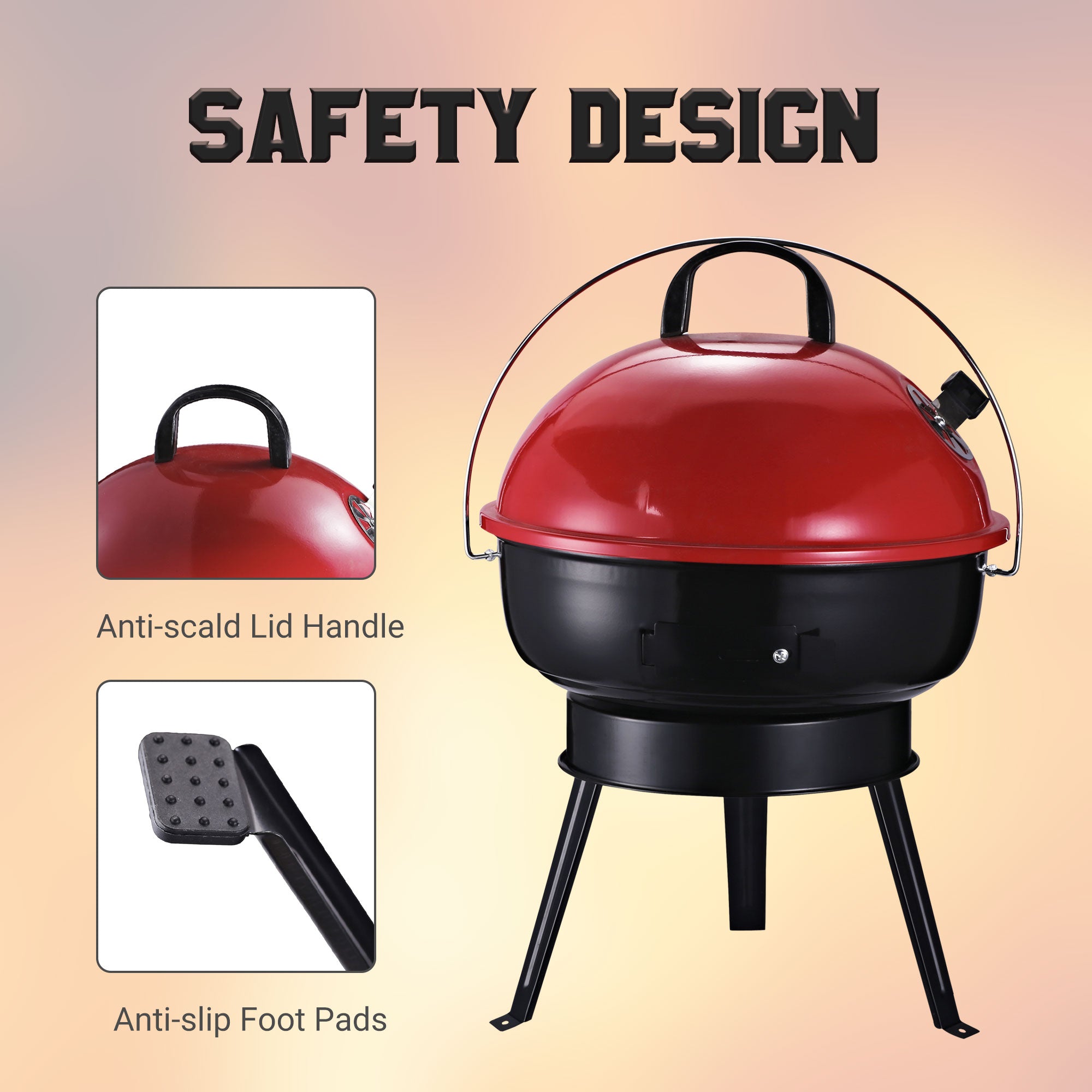 Outsunny Charcoal BBQ Charcoal Grill Metal Portable Tripod Grill Black Red