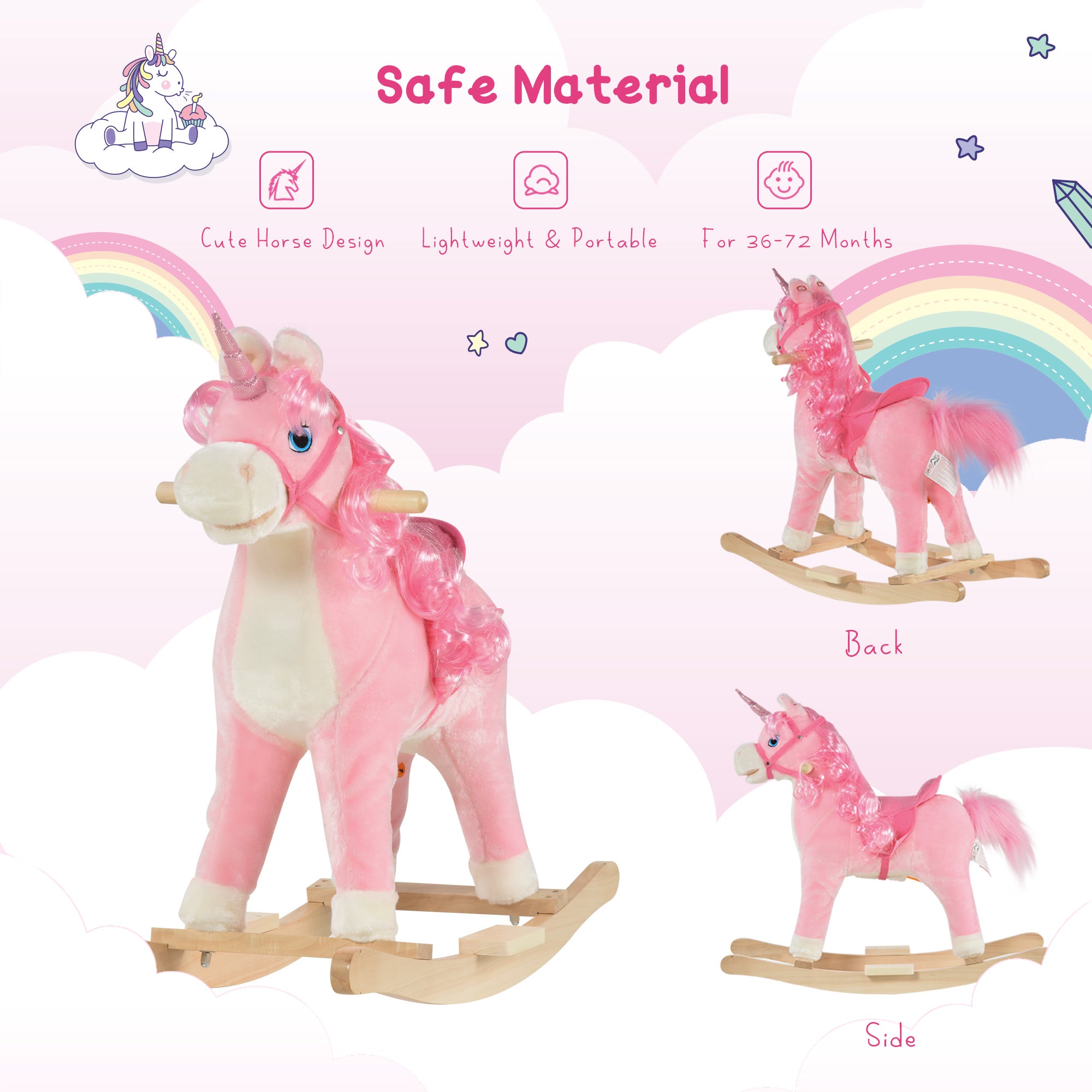 HOMCOM Unicorn Rocking Horse for Kids, Plush Ride On with Sound Effects, Soft, Pink