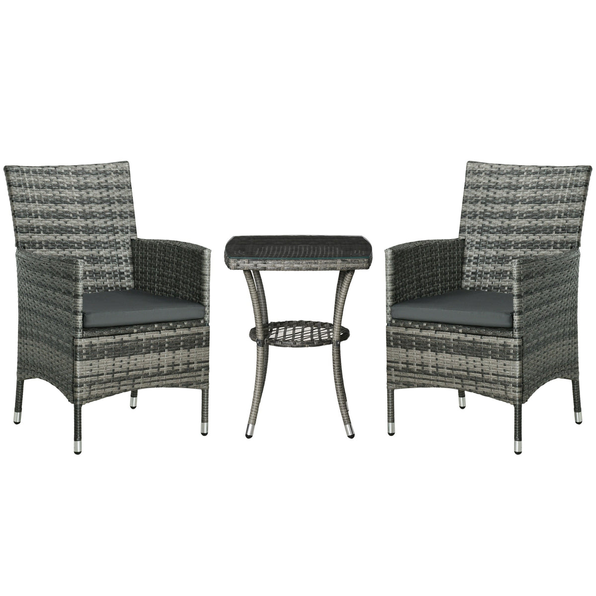 Outsunny 3 PCs Rattan Garden Bistro Set with Cushions Patio Weave Companion Chair Table Set Conservatory, Light Grey | Aosom UK