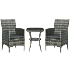 Outsunny 3 PCs Rattan Garden Bistro Set with Cushions Patio Weave Companion Chair Table Set Conservatory, Light Grey | Aosom UK