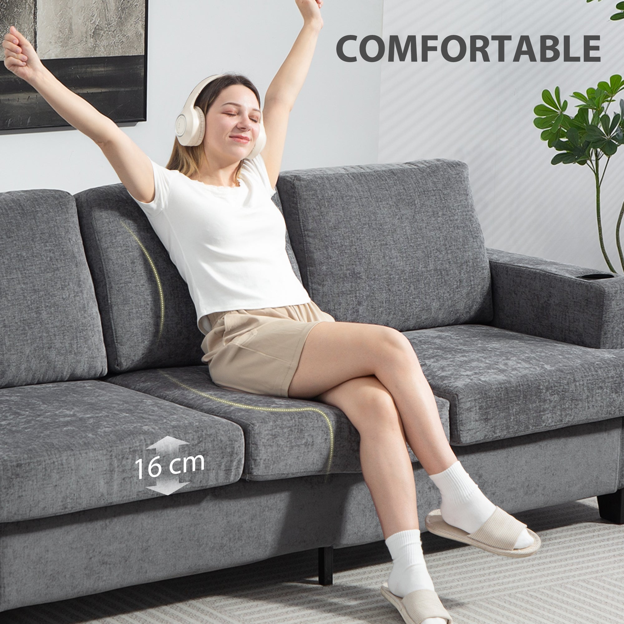 Kozy - 3 Seater Sofa with USB Ports & Cup Holders - Grey