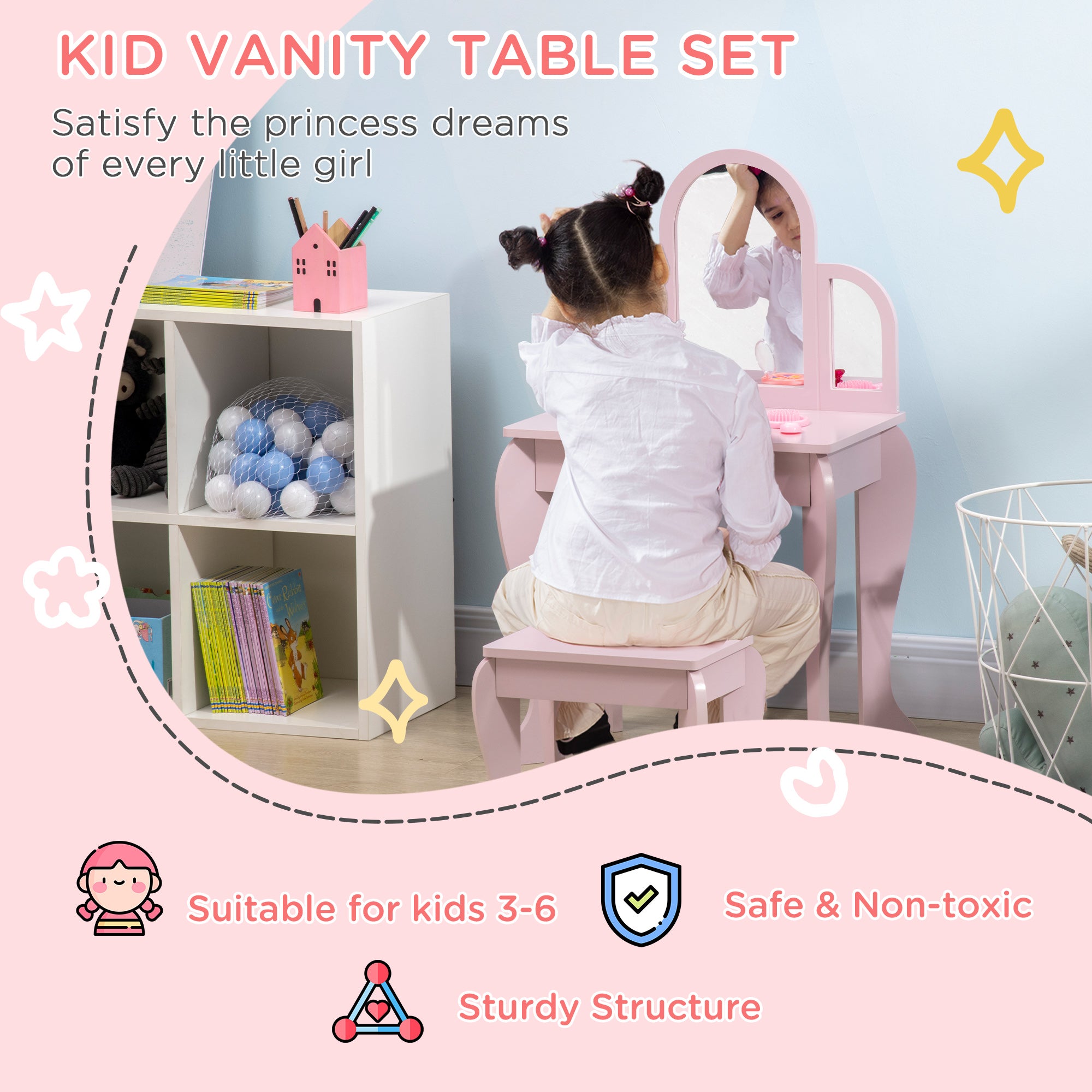 Kozy Kids Dressing Table Set, with Mirror and Drawer - Pink
