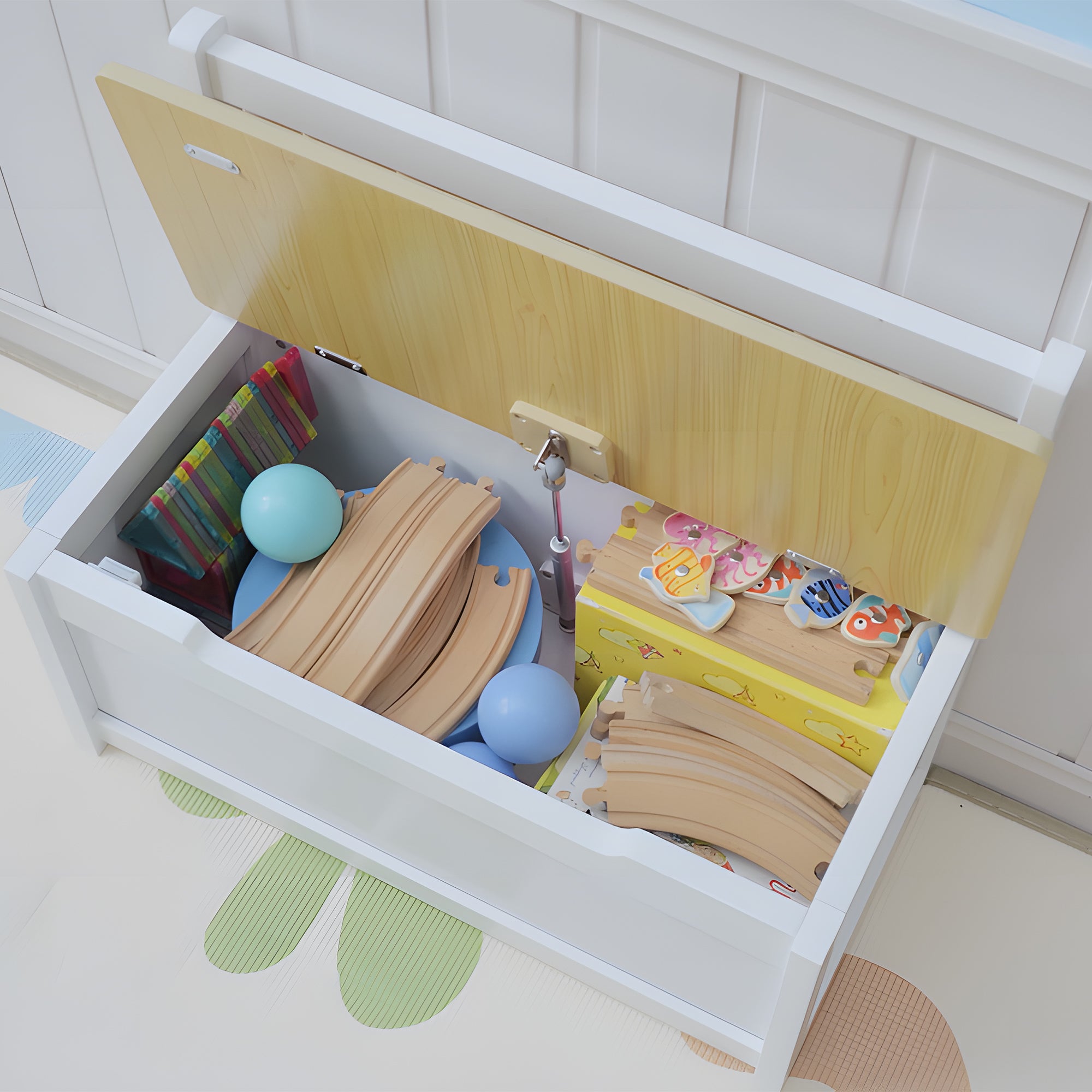 Kozy 2 In 1 Wooden Toy Box, Seat Storage Bench, Storage Chest Cabinet Organiser, with Safety Pneumatic Rod