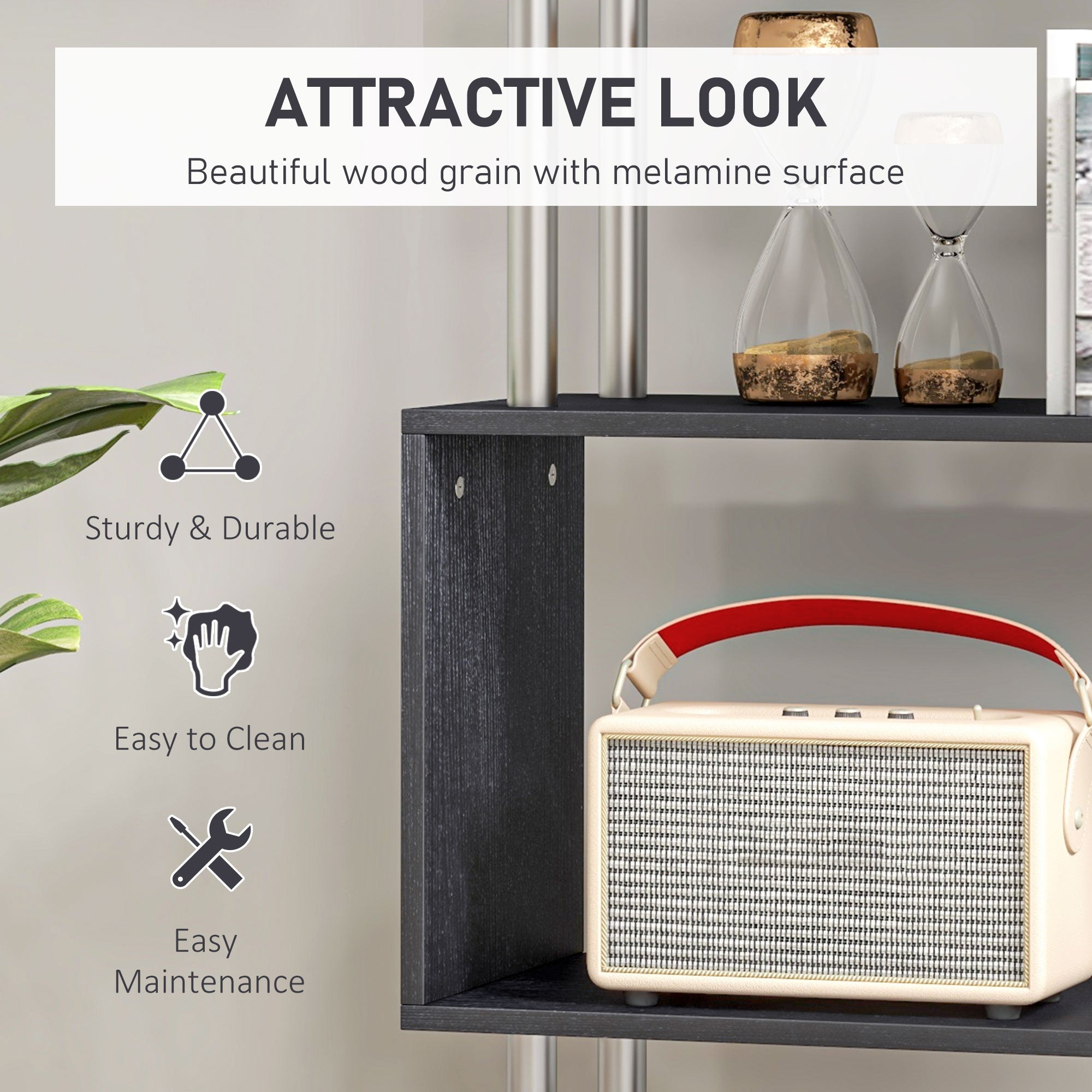 Kozy S Shape Bookcase, 5 Tiers Bookshelf, Modern Freestanding Storage Shelf for Home Office, Study, Living Room, 80 x 30 x 145cm Black