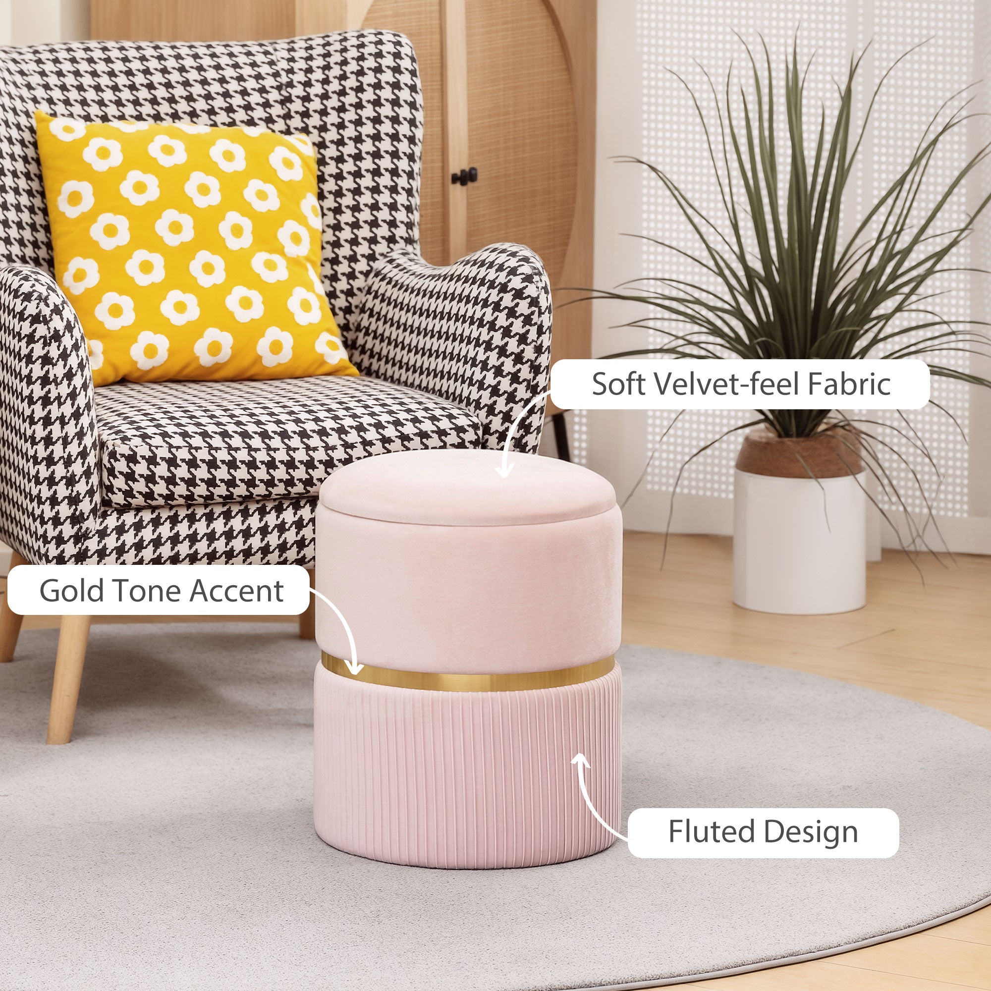 Kozy Velvet-Feel Storage Ottoman - Pink