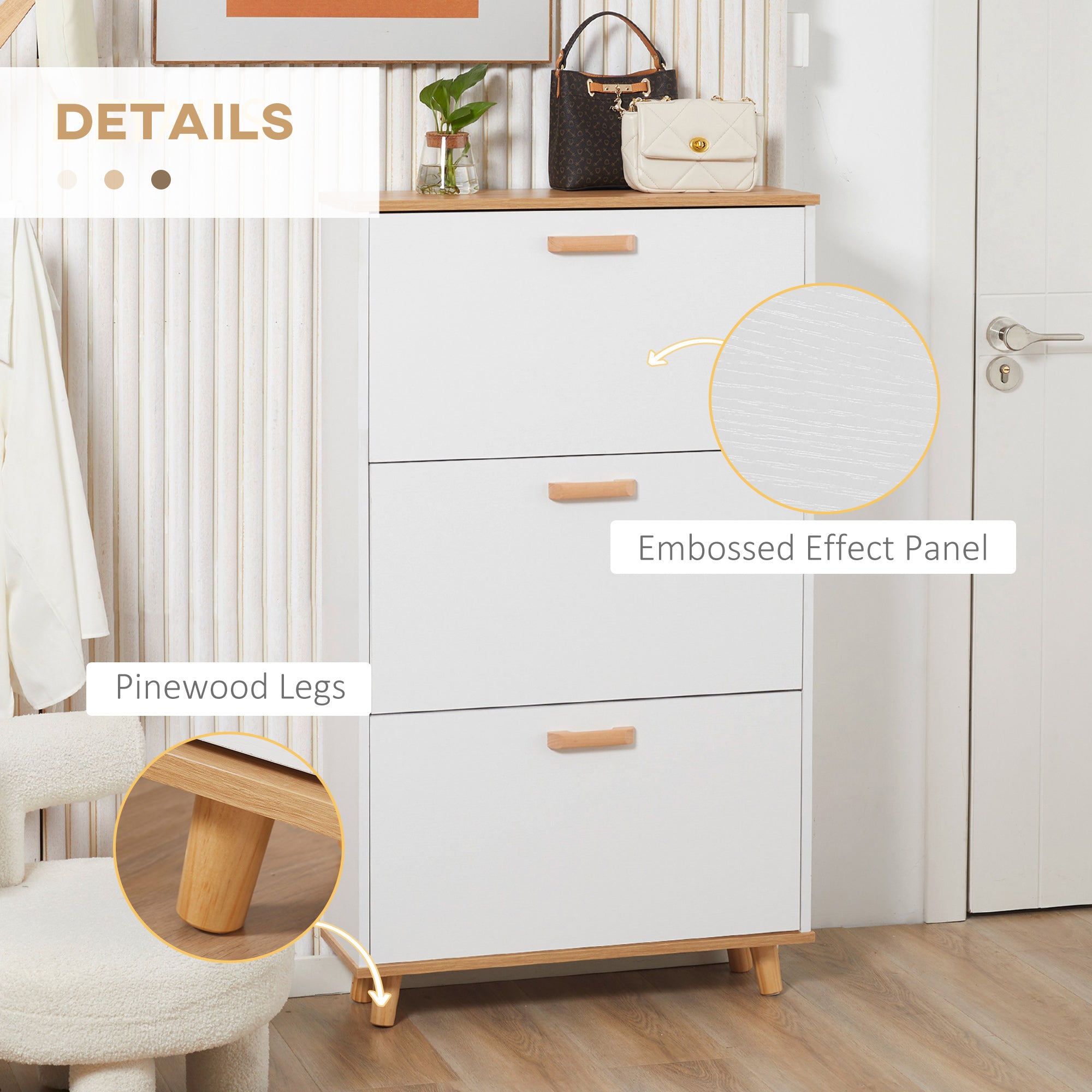 Kozy Narrow Shoe Cabinet, Slim Shoe Storage Cabinet with 3 Flip Drawers and Adjustable Shelves, 12 Pair of Shoes Organizer for Hallway, Entryway, White