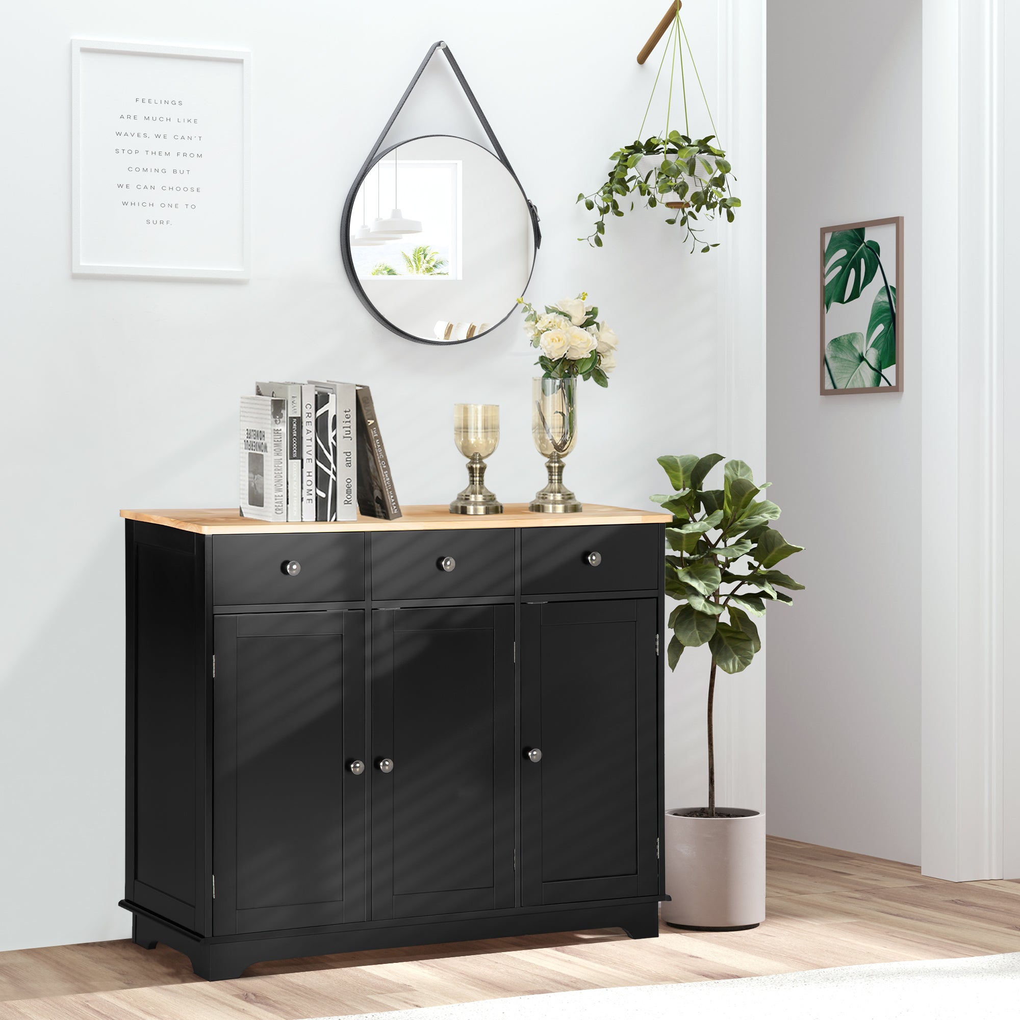 Kozy Sideboard with Rubberwood Top and Adjustable Shelves for Dining Room, Kitchen - Black
