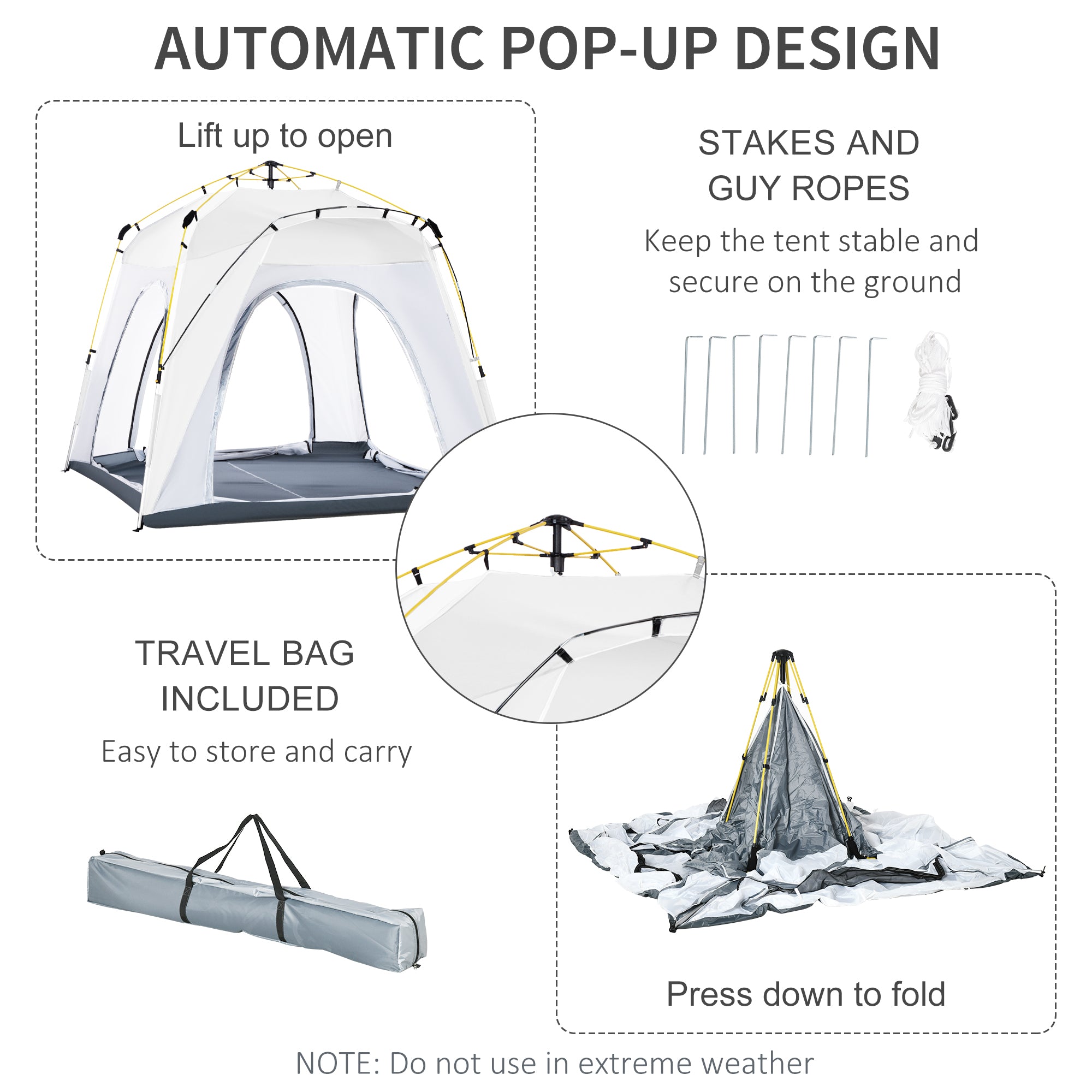 Kozy 4 Person Automatic Camping Tent, Outdoor Pop Up Tent, Portable Backpacking Dome Shelter, Light Grey