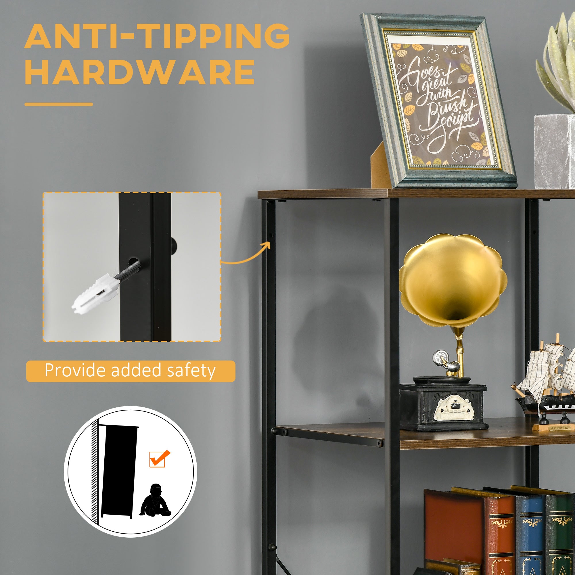 Kozy Industrial Storage Cabinet with 2 Open Shelves and 3 Foldable Fabric Drawers, Multifunctional Bookshelf in Living Room, Study, Bedroom, Rustic Brown