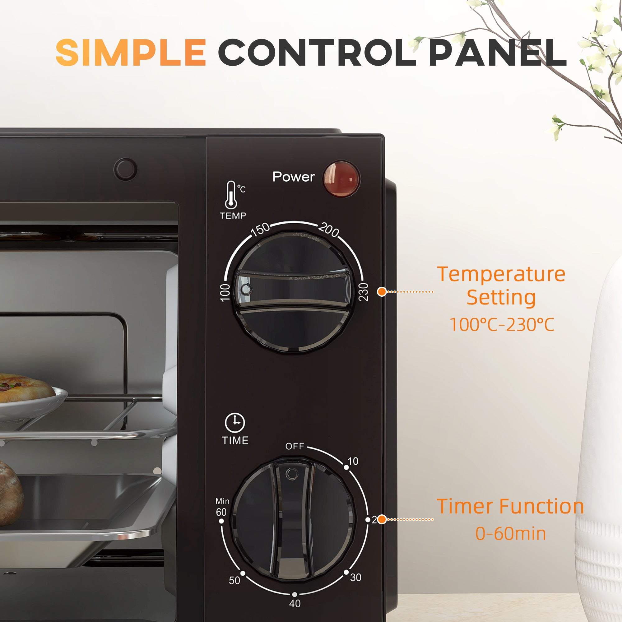 Kozy Mini Oven, 9L Countertop Electric Grill, Toaster Oven with Adjustable Temperature, Timer, Dishwasher Safe Baking Tray and Wire Rack, 750W, Black