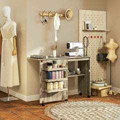 Kozy Folding Sewing Table, Drop Leaf Craft Table with Storage Bins, Open Shelf and Wheels, Rolling Sewing Machine Cabinet Computer Desk for Small Space, Grey