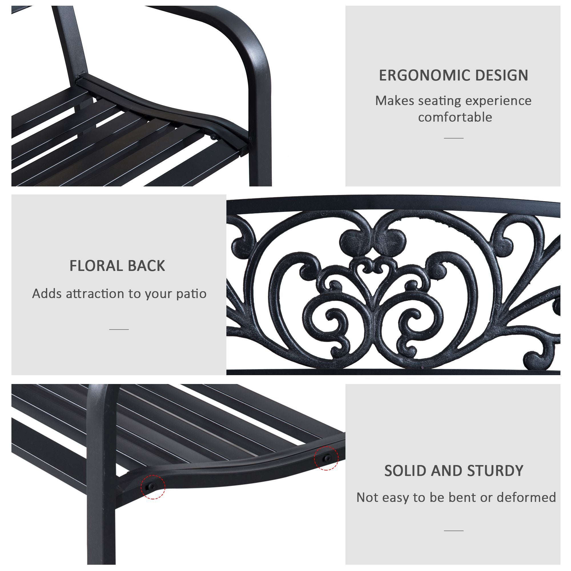 Outsunny 2 Seater Metal Garden Park Bench Porch Outdoor Furniture Patio Chair Seat Black