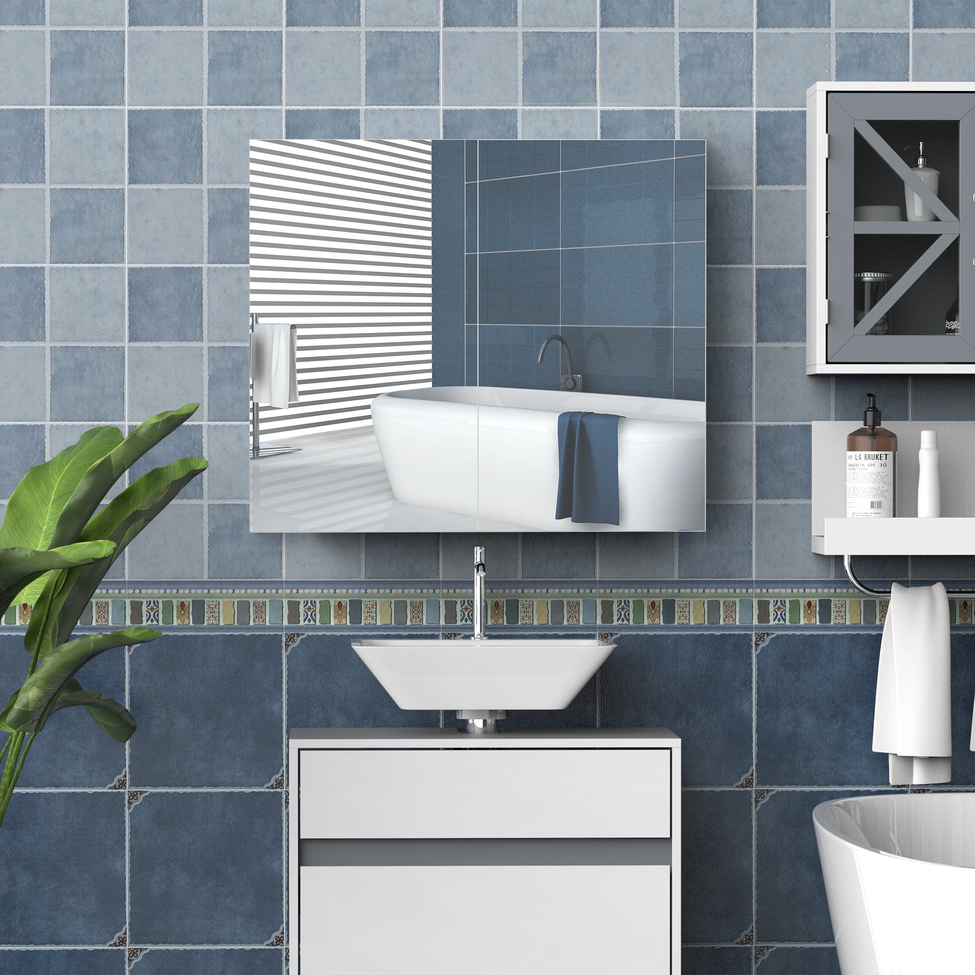 Kozy Mirror Cabinet, Wall Mount Bathroom Storage Cabinet with Adjustable Shelf, Double Door Cupboard, 70 x 15 x 60 cm, White