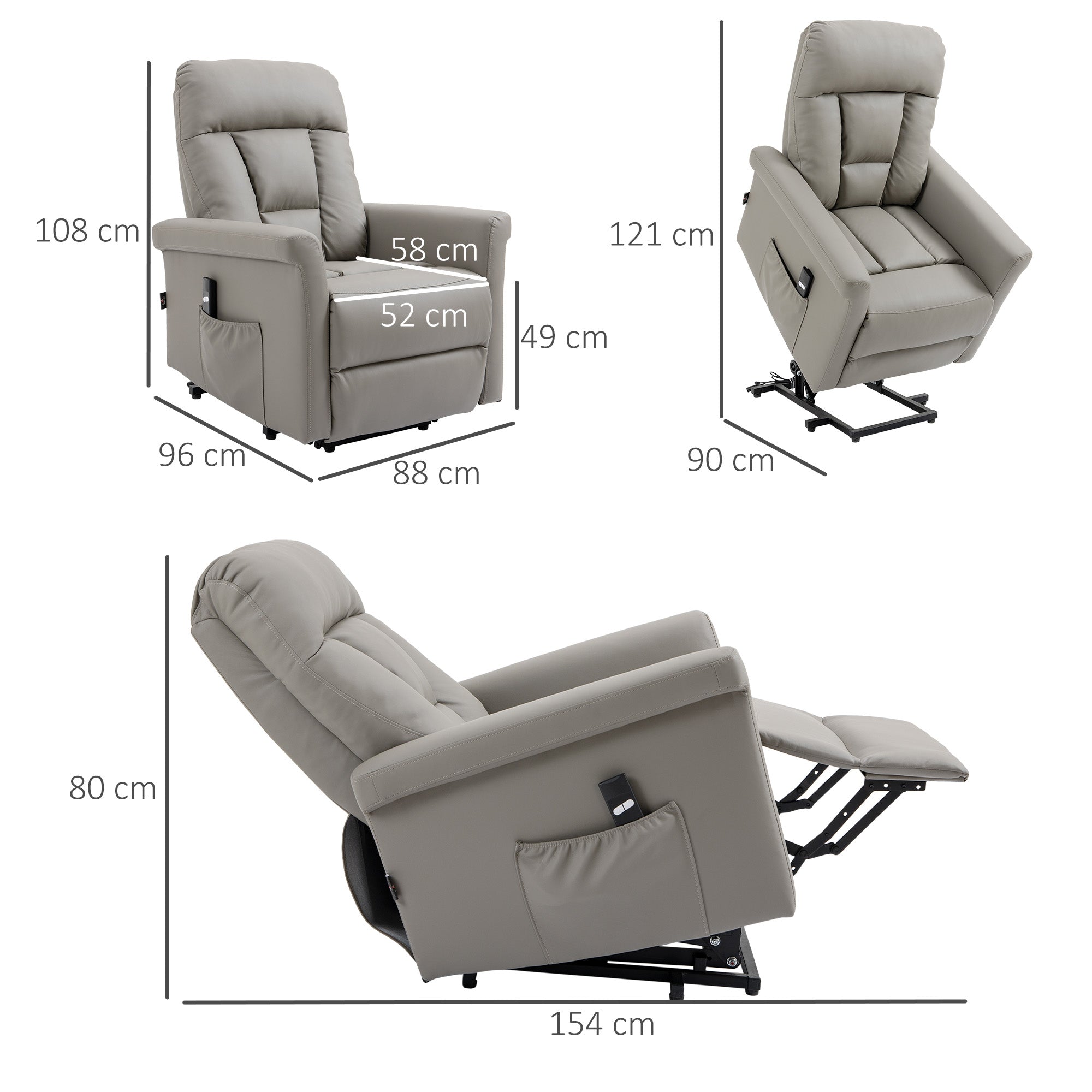 Kozy Power Lift Chair Armchair for the Elderly, PU Leather Recliner Chair with Extended Footrest, Remote Control and Side Pocket, Grey