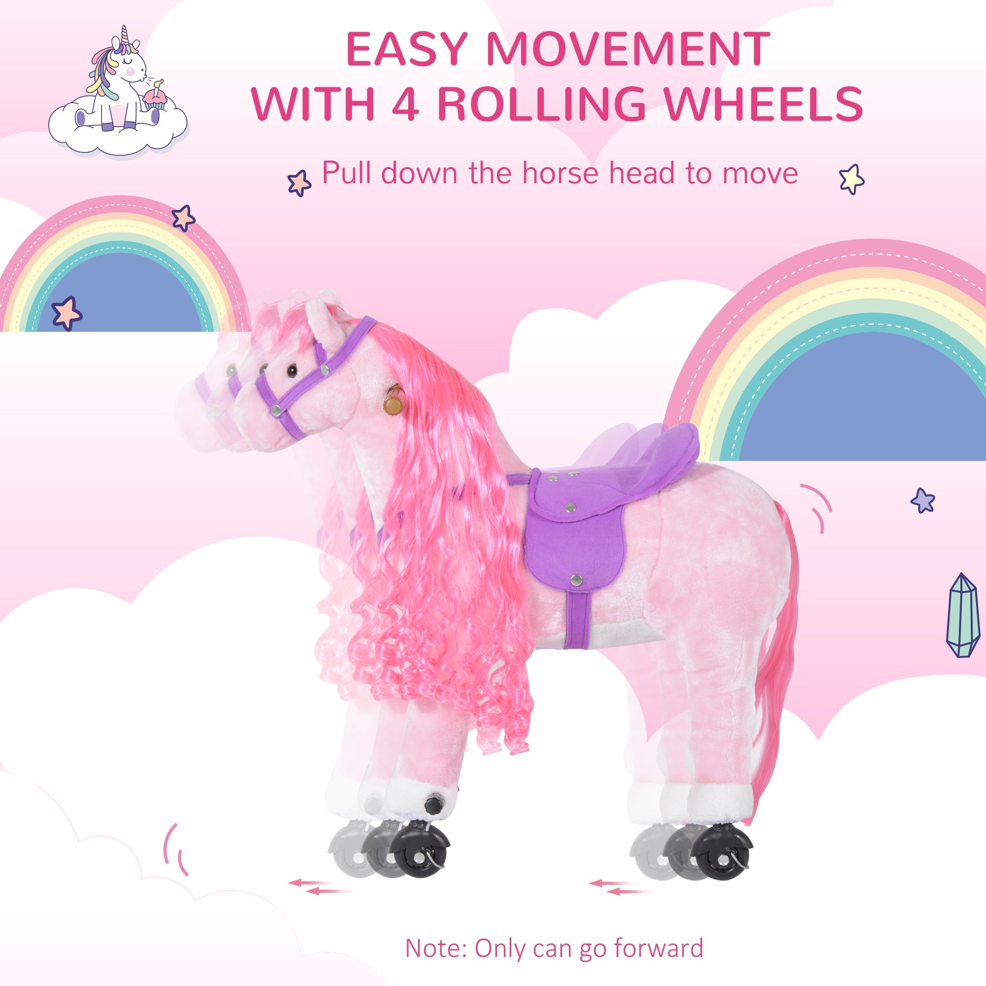 HOMCOM Kids Plush Ride On Walking Horse W/Sound-Pink