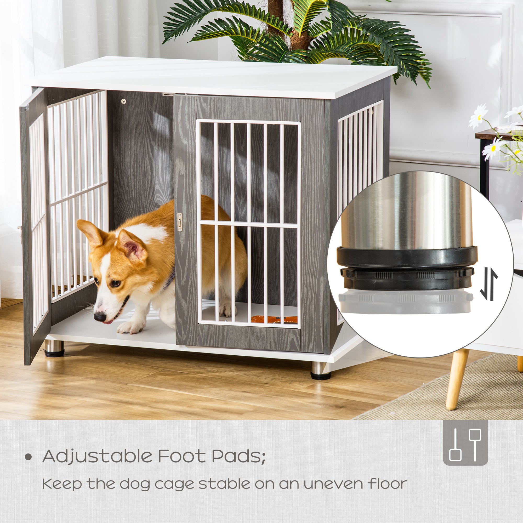 Kozy Dog Crate Wooden Pet Kennel Cage End Table w/ Lockable Door for Small Medium Dog Grey & White 85 x 55 x 75 cm