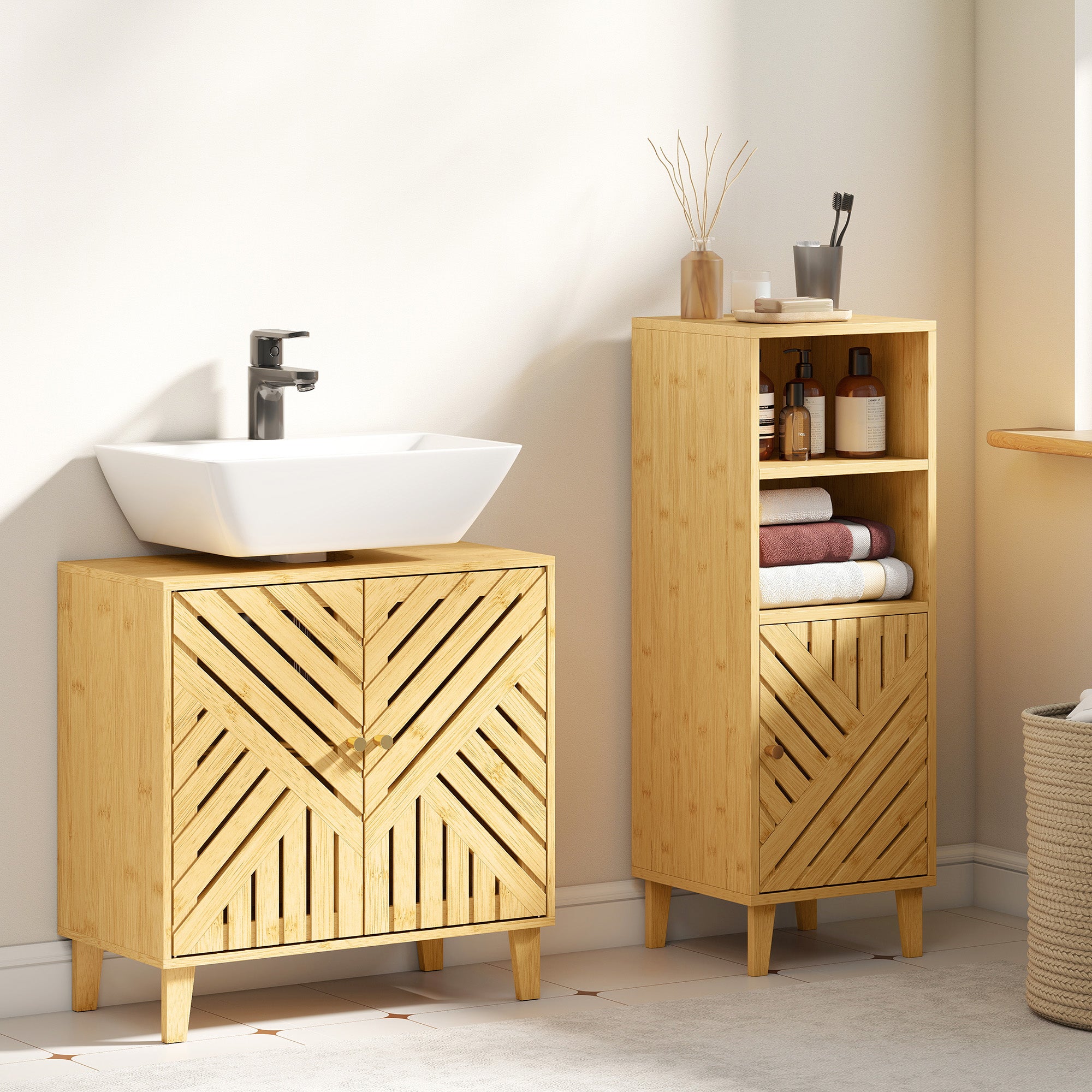 Kozy - Bamboo Bathroom Under Sink Cabinet with Adjustable Shelf for Basin without Pedestal - Natural