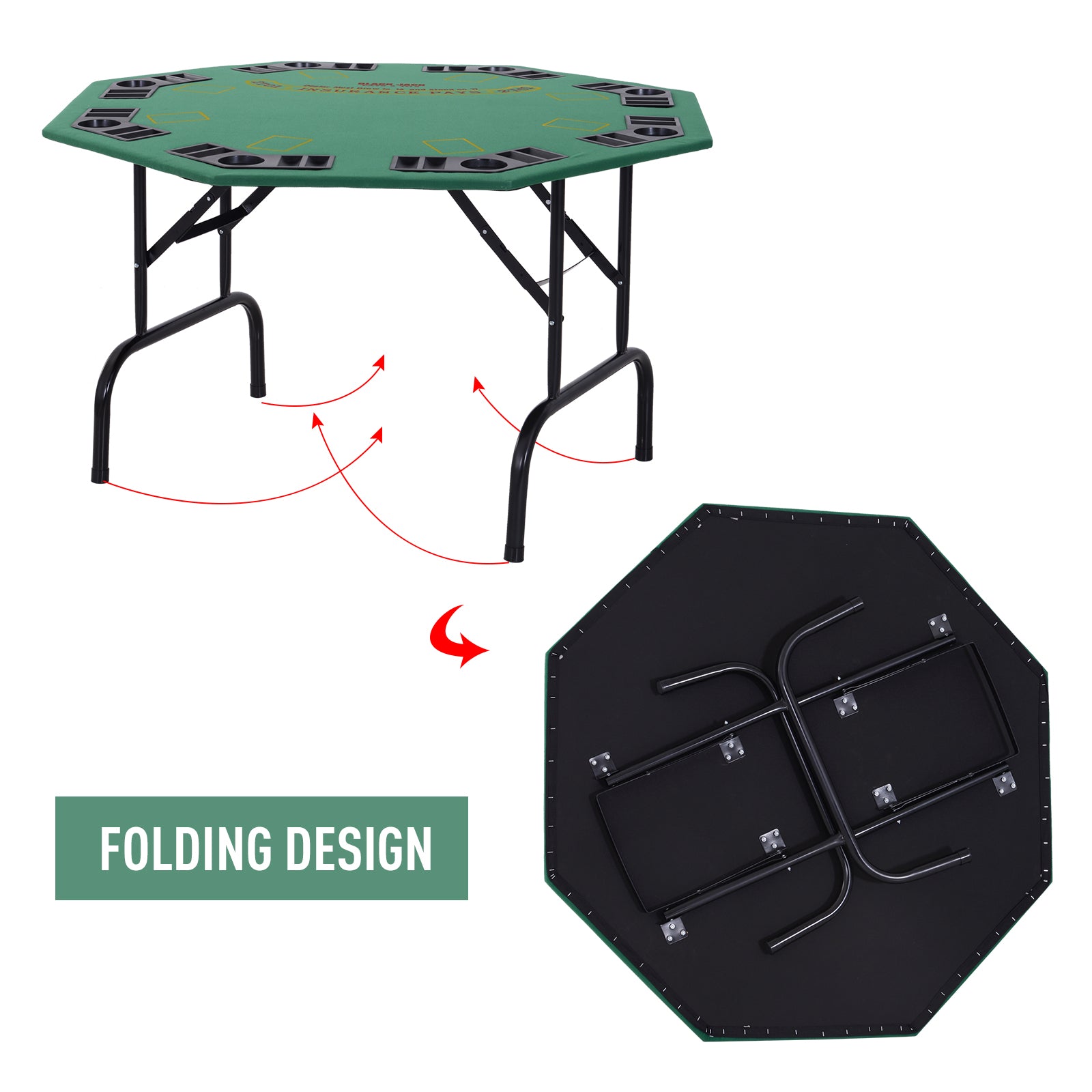 HOMCOM 8 Player Folding Games Poker Table w/ Chip Cup Holder Steel Base Felt Top Octagon Blackjack Adult Family Friends Green