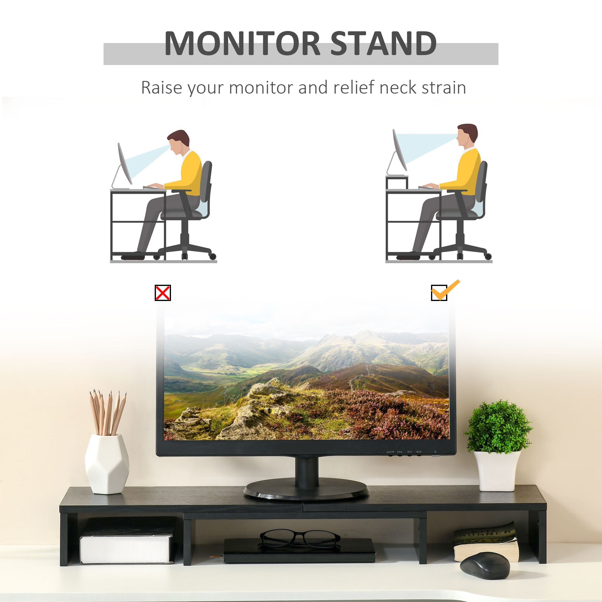 Kozy Dual Monitor Stand Riser with Adjustable Length and Angle, Screen Riser for Laptop, Computer, PC, Printer, TV, Black