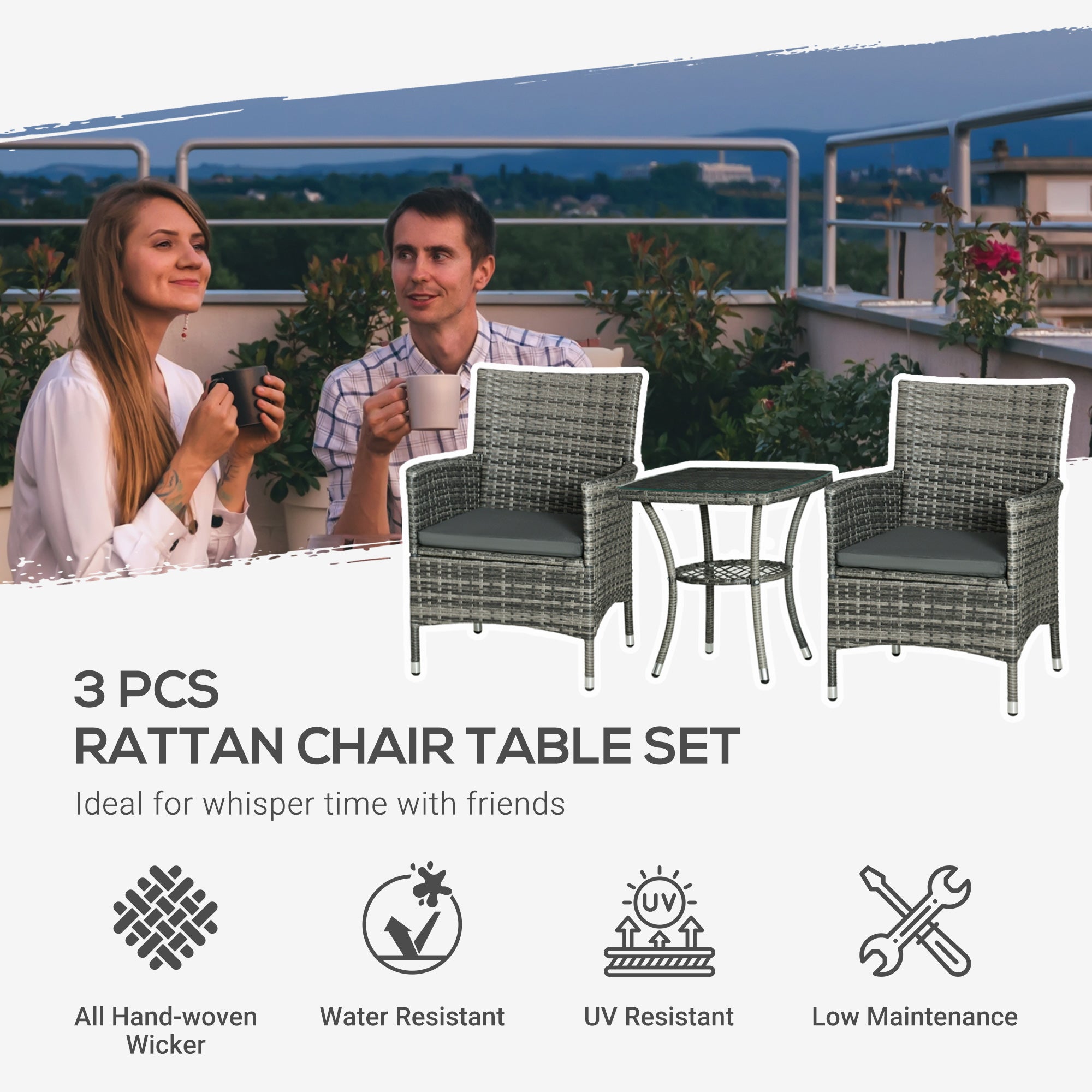 Kozy 3 Pieces Rattan Bistro Set, Wicker Garden Furniture Set with 2-Tier Coffee Table and Chairs, Washable Cushions, for Outdoor Patio Balcony, Mixed Grey