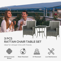 Kozy 3 Pieces Rattan Bistro Set, Wicker Garden Furniture Set with 2-Tier Coffee Table and Chairs, Washable Cushions, for Outdoor Patio Balcony, Mixed Grey