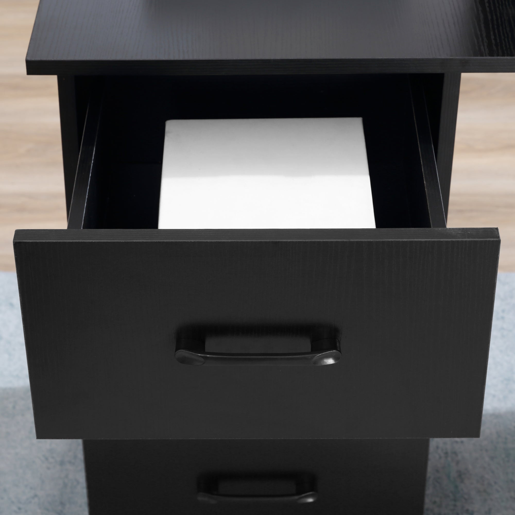 Kozy Computer Desk, Writing Table, PC Workstation with 3 Storage Shelves and Drawers, Black Handle, for Home Office, Black