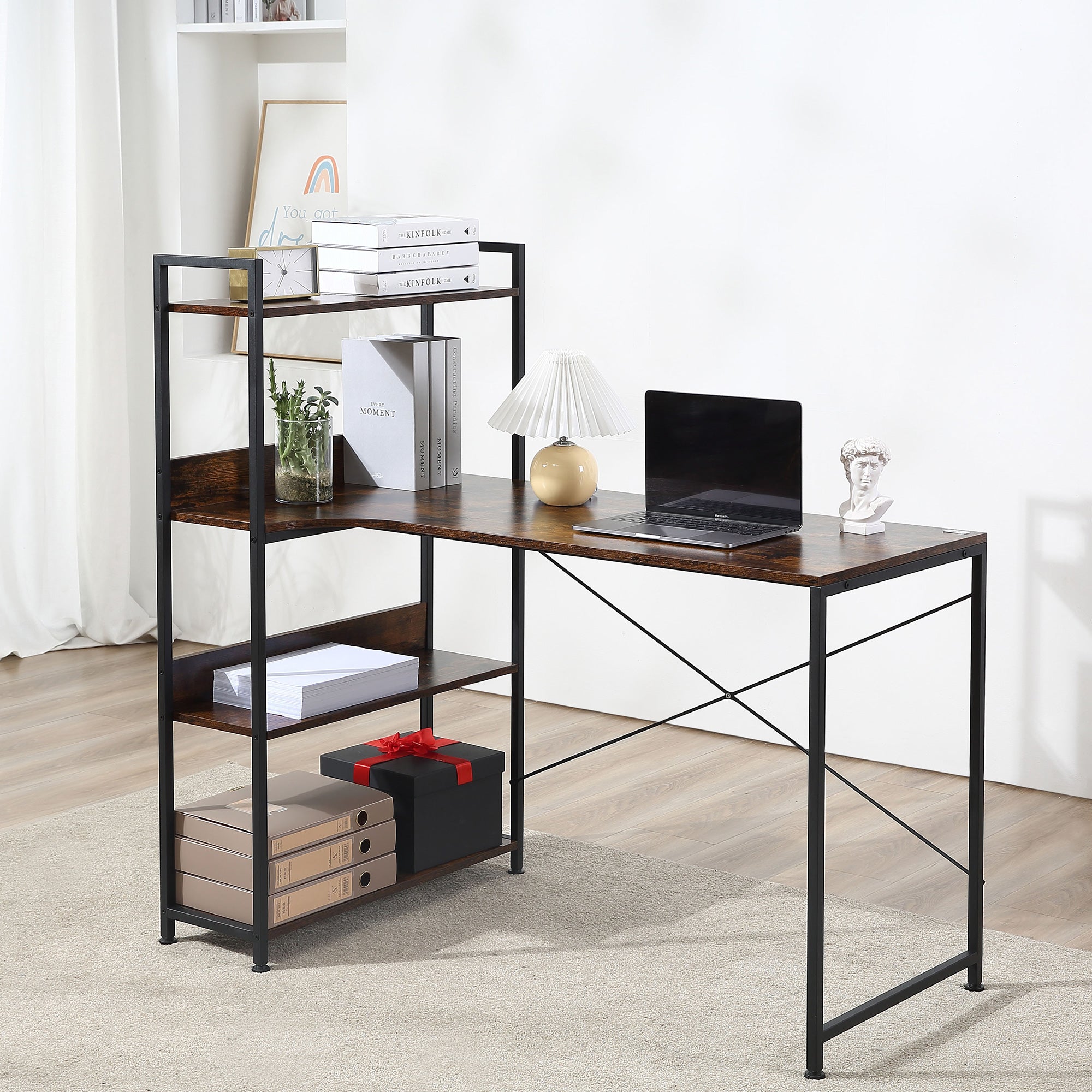Kozy Office Desk with Storage Shelves, 120 CM Computer Desk, Industrial Study Table with Metal Frame for Home Office Small Space, Rustic Brown
