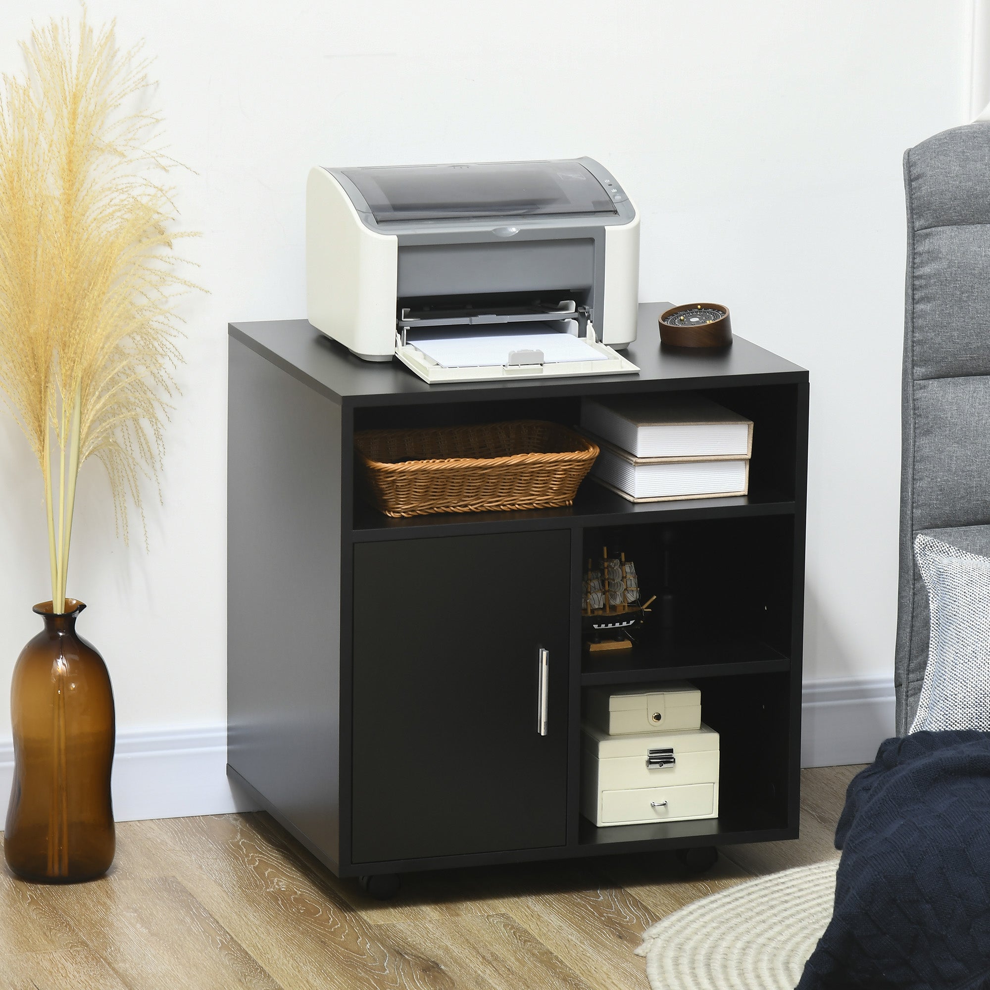 Kozy Multi-Storage Printer Stand Unit Office Desk Side Mobile Storage w/ Wheels Modern Style 60L x 50W x 65.5H cm - Black
