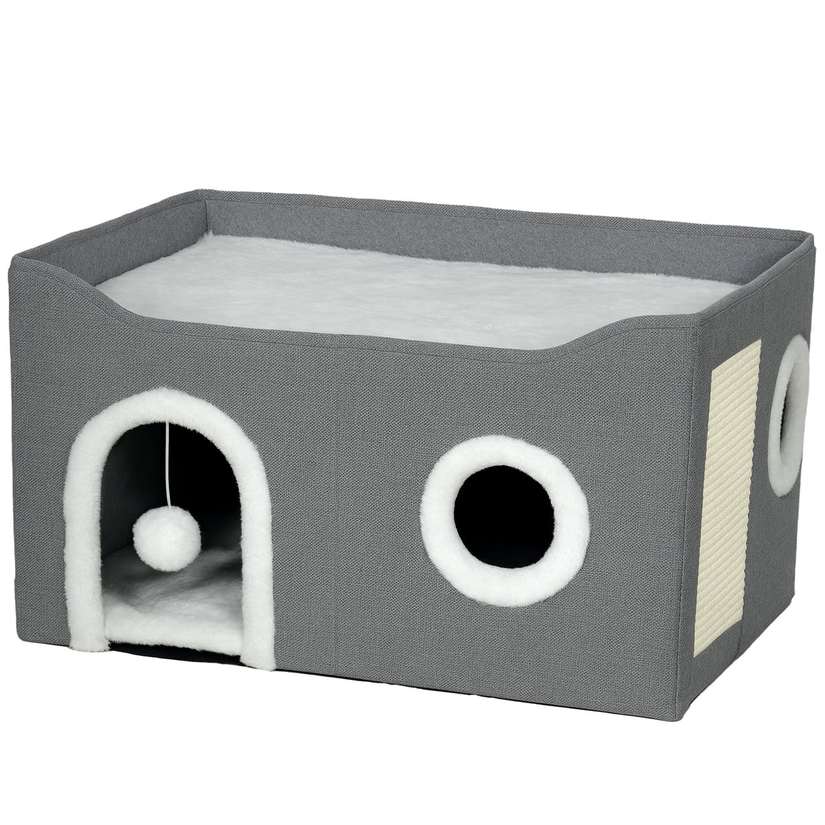 Kozy - Cat Bed for Indoor Pets, Foldable Cat House with Fluffy Ball and Scratch Pad for Small and Medium Pets, Grey