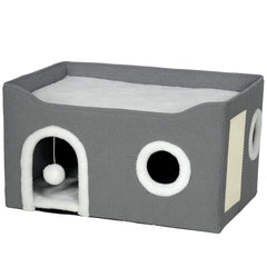 Kozy - Cat Bed for Indoor Pets, Foldable Cat House with Fluffy Ball and Scratch Pad for Small and Medium Pets, Grey