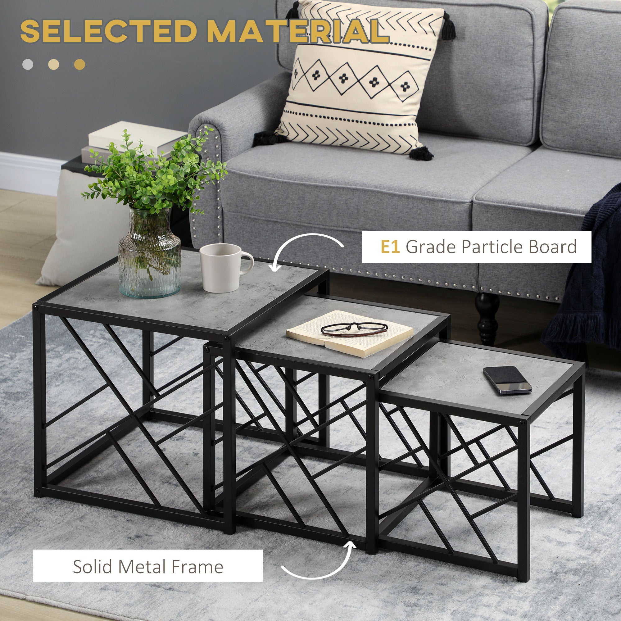 Kozy Nesting Coffee Tables, Set of 3 Square Side Tables with Black Metal Frame, for Living Room, Bedroom and Office, Grey