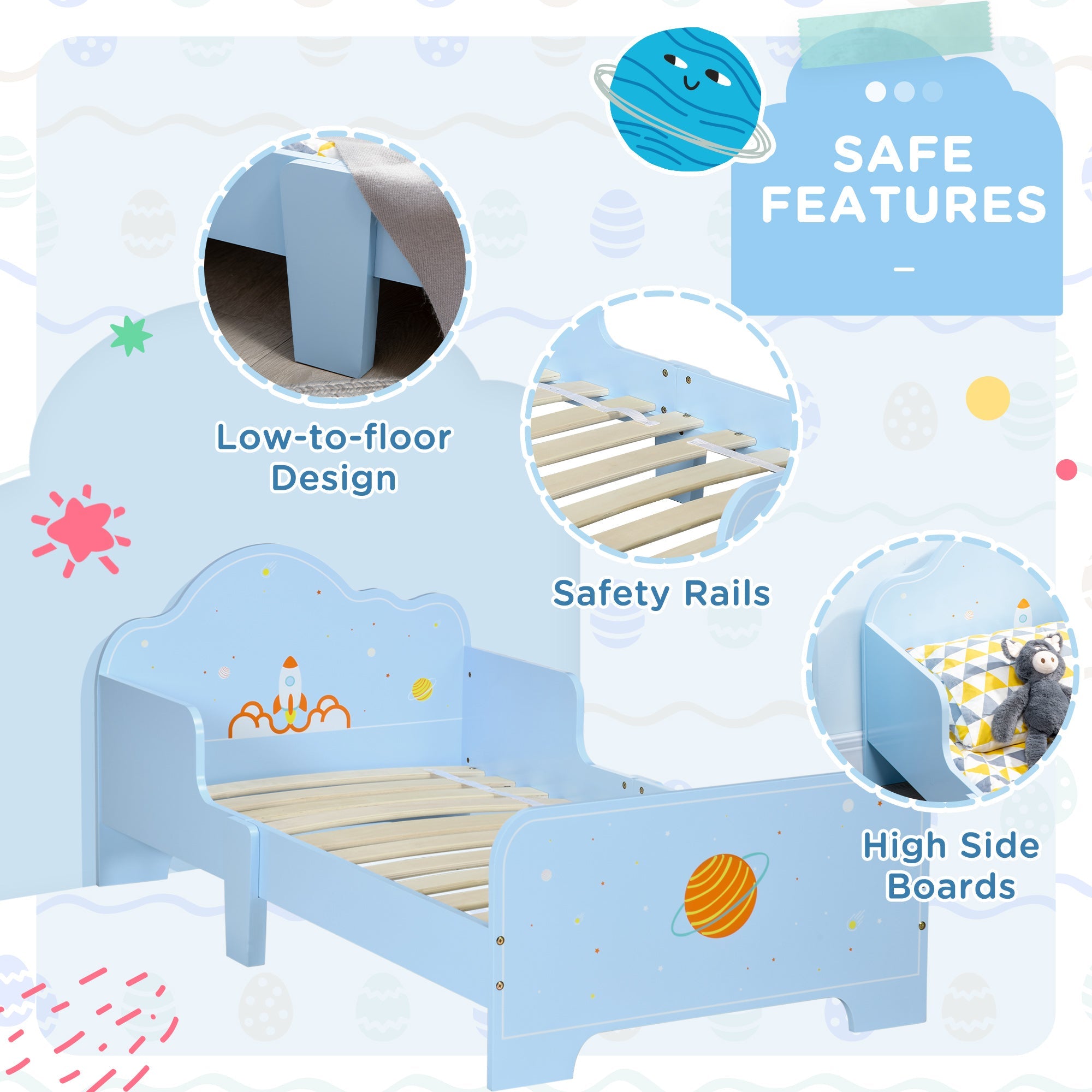 ZONEKIZ Toddler Bed with Rocket & Plants Patterns, Kids Bedroom Furniture, Safety Side Rails, Blue | Aosom UK