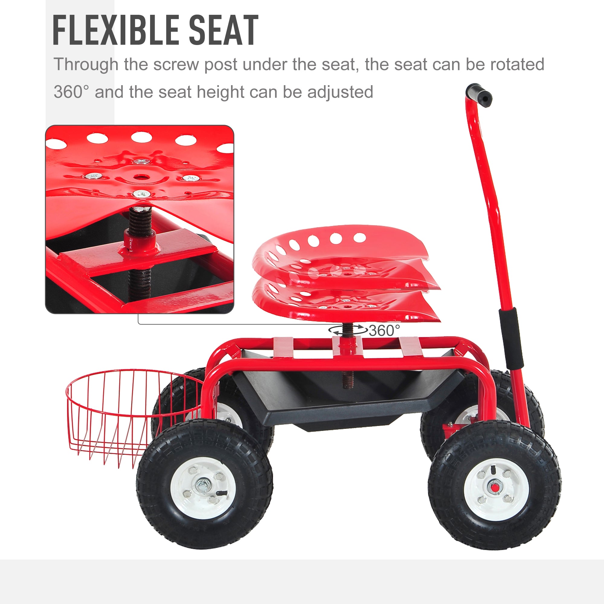 Outsunny Adjustable Rolling Garden Cart Outdoor Garden Planting Station Trolley Swivel Gardener Work Seat Heavy Duty w/ Tool Tray & Basket Red 150kg