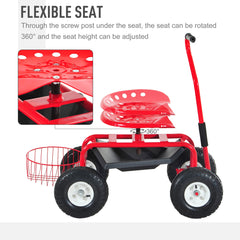 Outsunny Adjustable Rolling Garden Cart Outdoor Garden Planting Station Trolley Swivel Gardener Work Seat Heavy Duty w/ Tool Tray & Basket Red 150kg