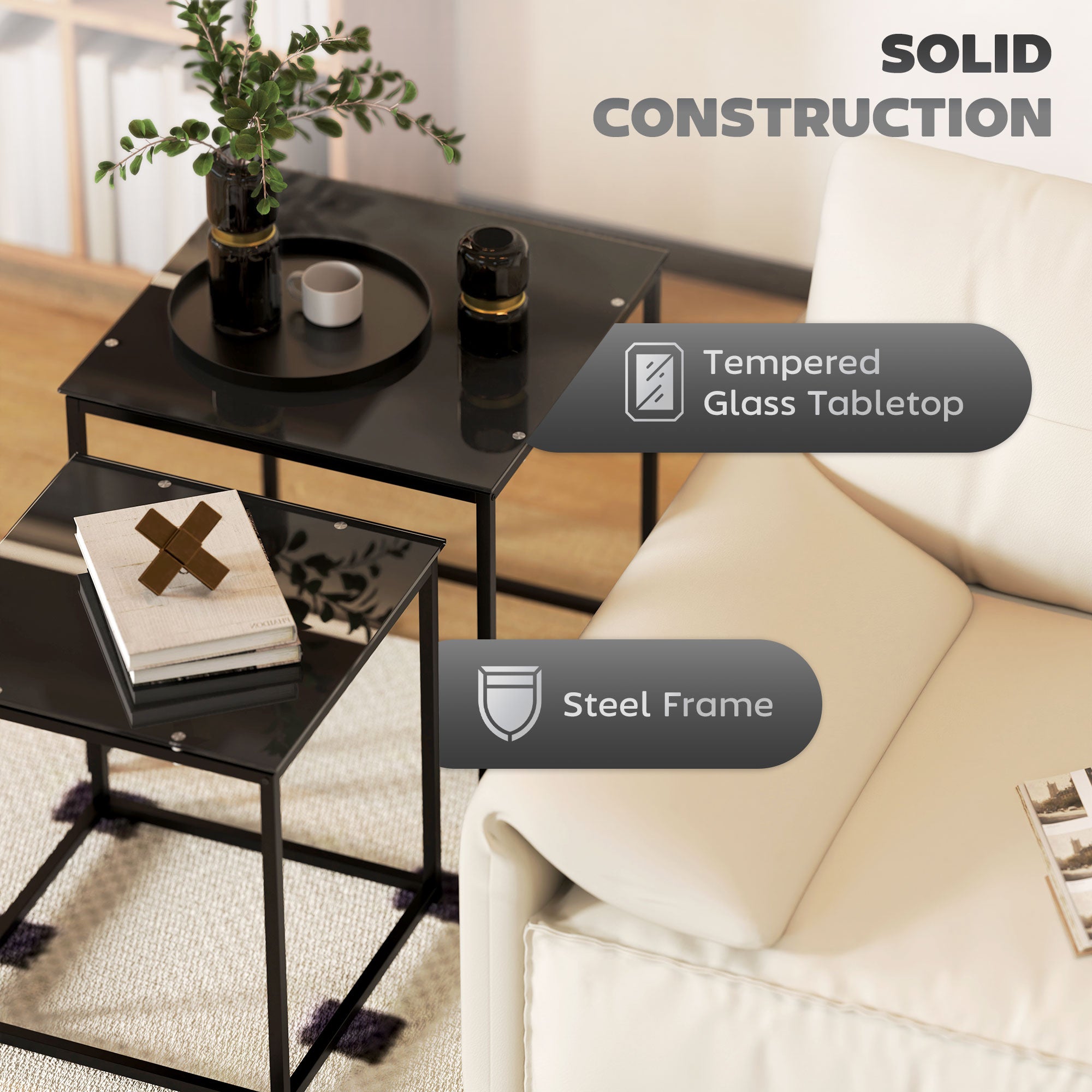 Kozy Nest of Tables, Set of 2 Coffee Table, Side Tables with Tempered Glass Desktop and Metal Frame for Living Room, Bedroom, Office, Black