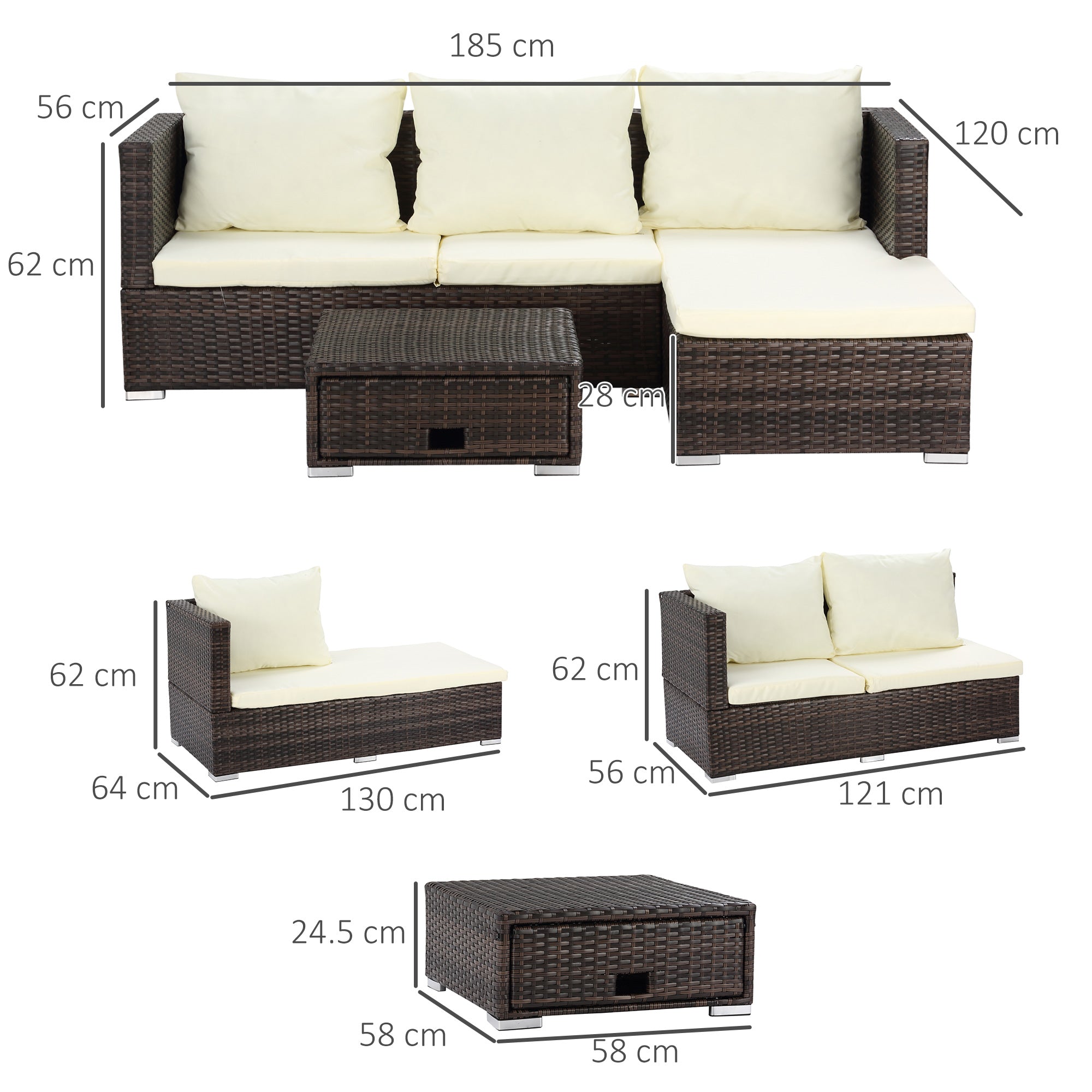 Kozy 3 Pieces Rattan Garden Furniture Sofa Set, 4 Seater Garden Corner Sofa with 5-Level Reclining Sun Lounger and Storage Coffee Table, Outdoor Furniture Conservatory Set with Cushions, Brown