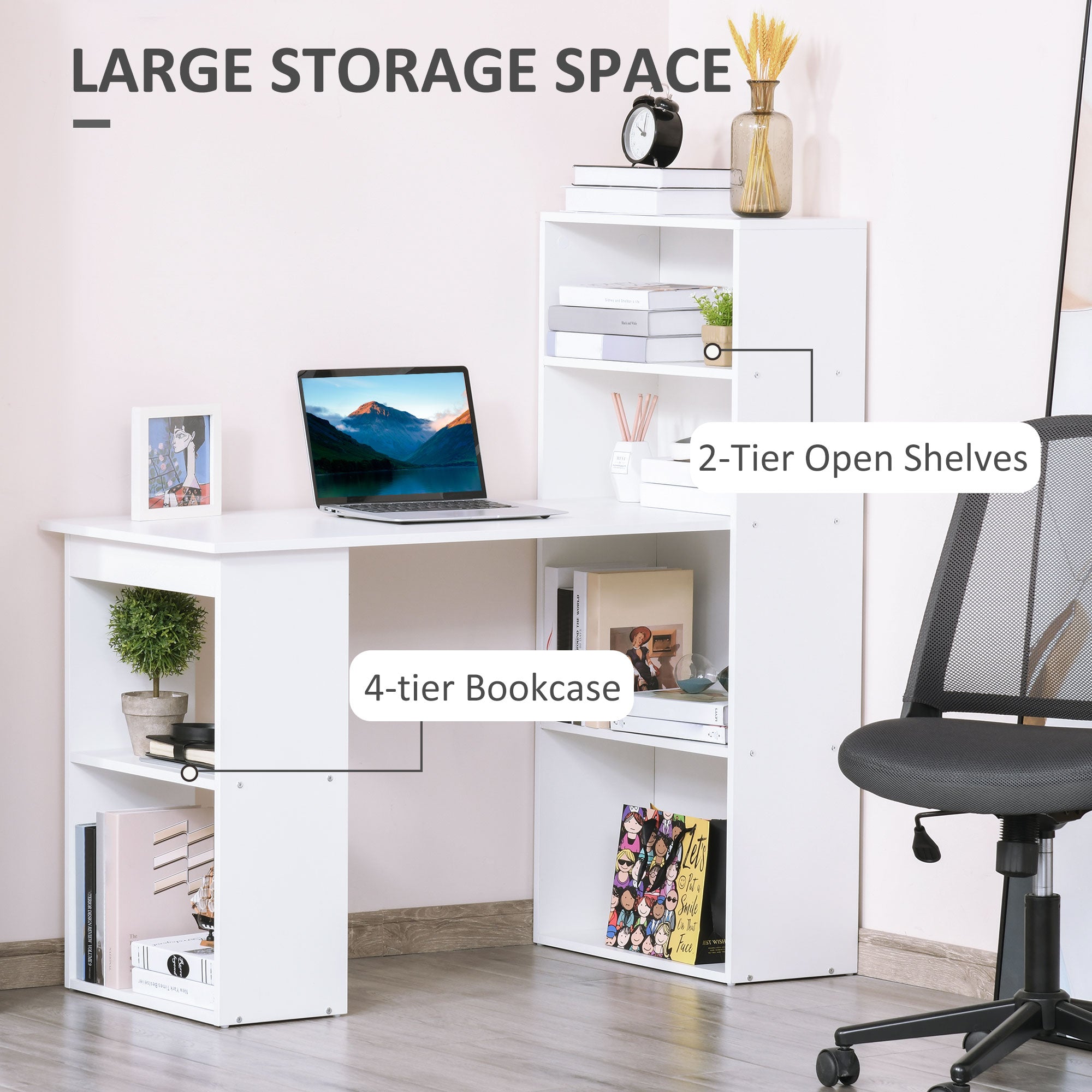 HOMCOM 120cm Modern Computer Desk Bookshelf  Writing Table Workstation PC Laptop Study Home Office 6 Shelves White