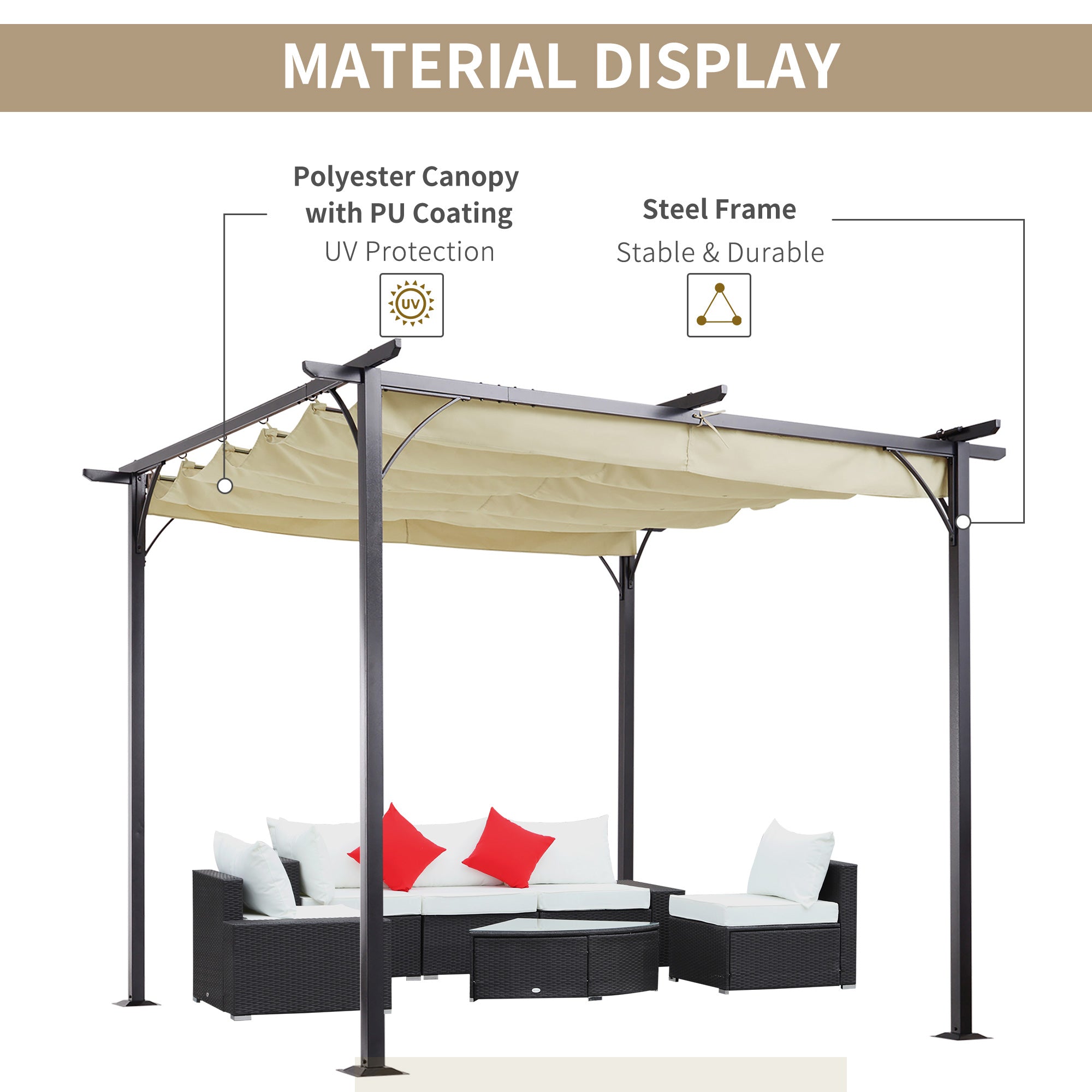 Kozy 3 x 3(m) Metal Pergola with Retractable Roof, Garden Gazebo Metal Pergola Canopy. Outdoor Sun Shade Shelter for Party BBQ, Beige