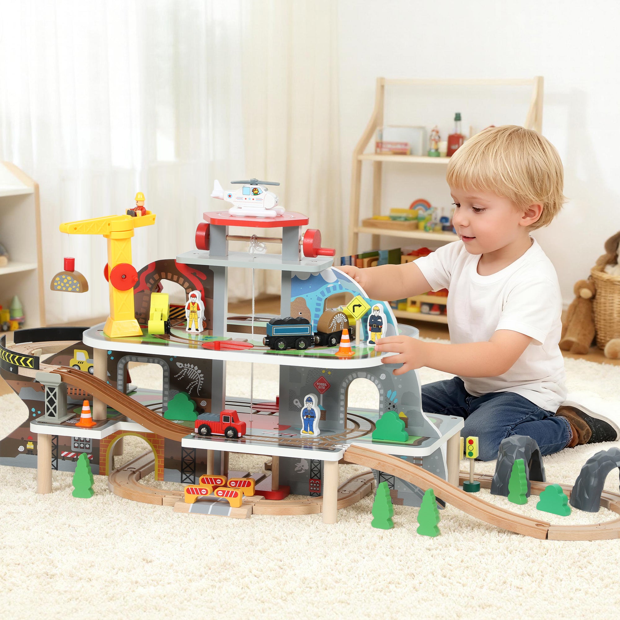 Kozy 79 Piece Wooden Train Set, Kids Train Track Mine Themed with Crane, Helicopter