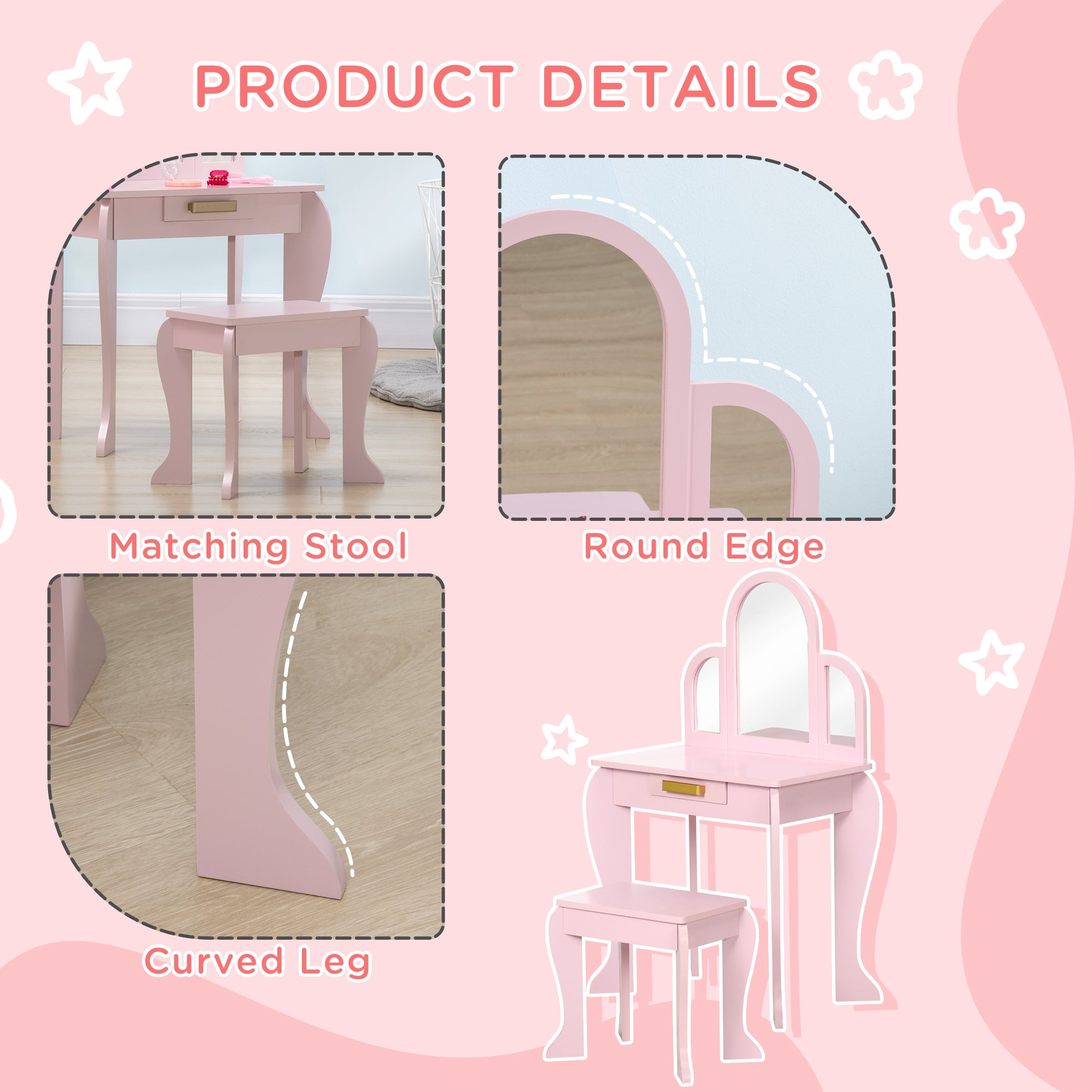 Kozy Kids Dressing Table Set, with Mirror and Drawer - Pink