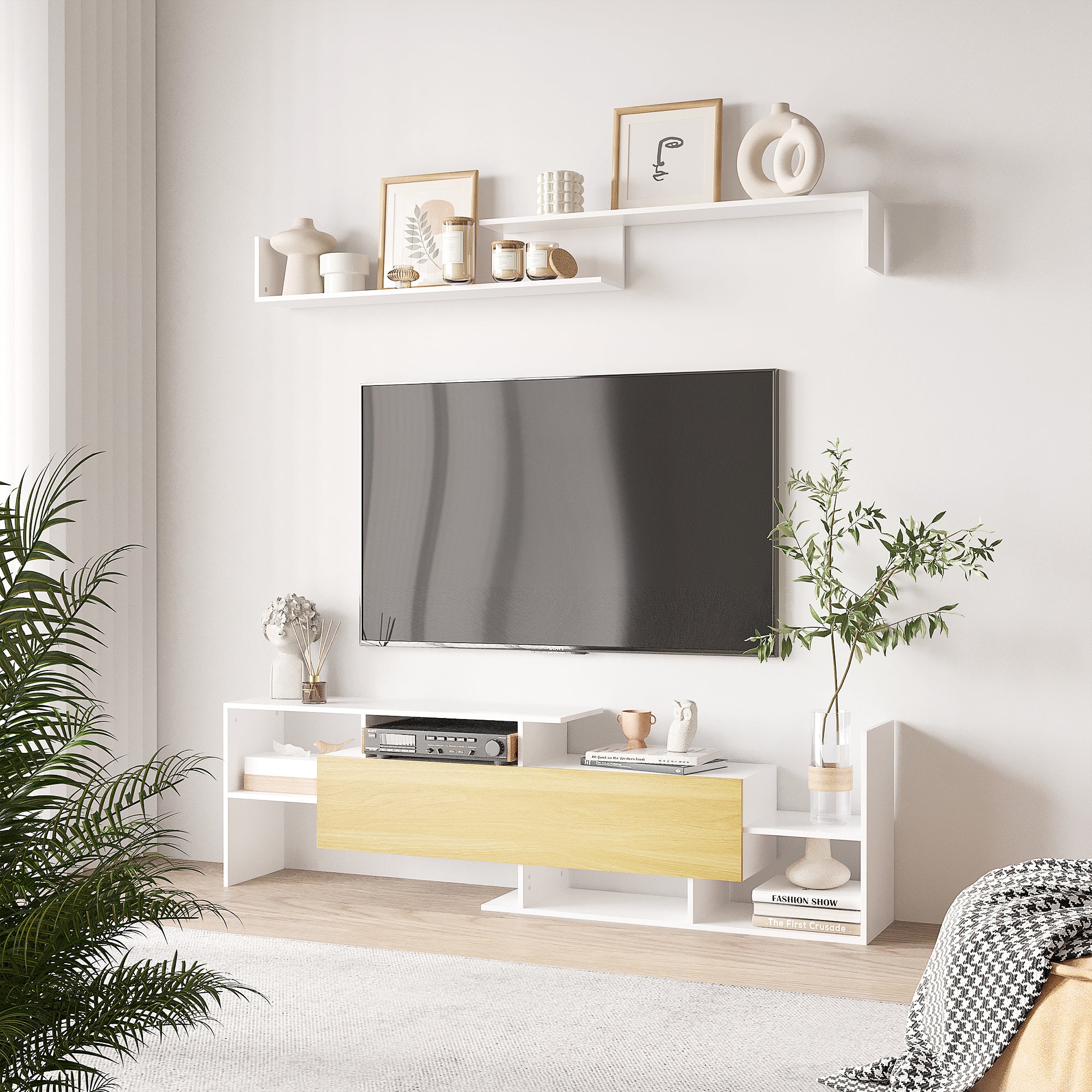 Kozy TV Cabinet with Wall Shelf for Wall-Mounted 65" TVs or Standing 40" TVs - White and Natural
