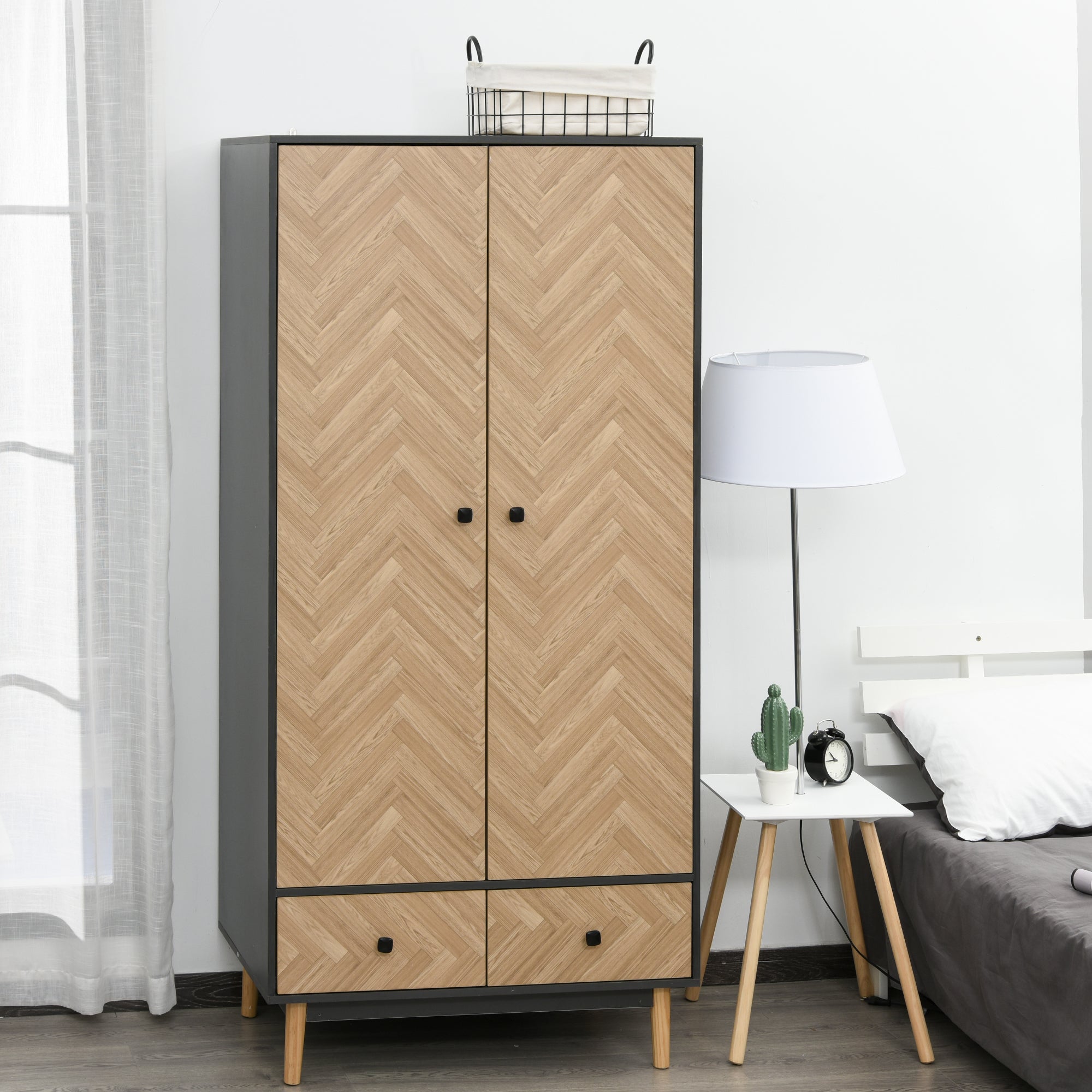 HOMCOM Modern Wardrobe Cabinet Wood Grain Sticker Surface with Shelf, Hanging Rod and 2 Drawers 90x50x190cm | Aosom UK